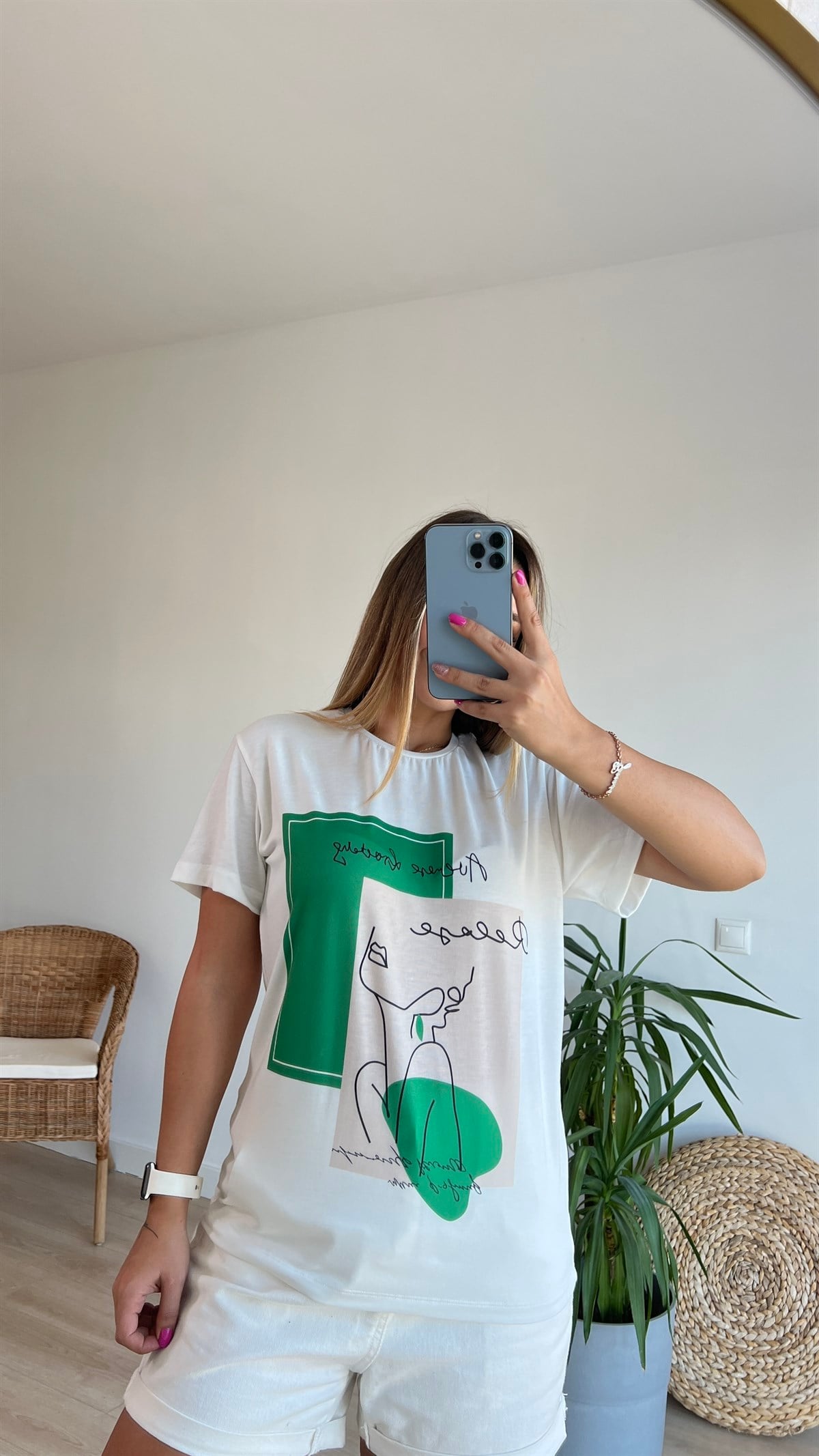 Yazı Baskı Likralı Ekru Tshirt
