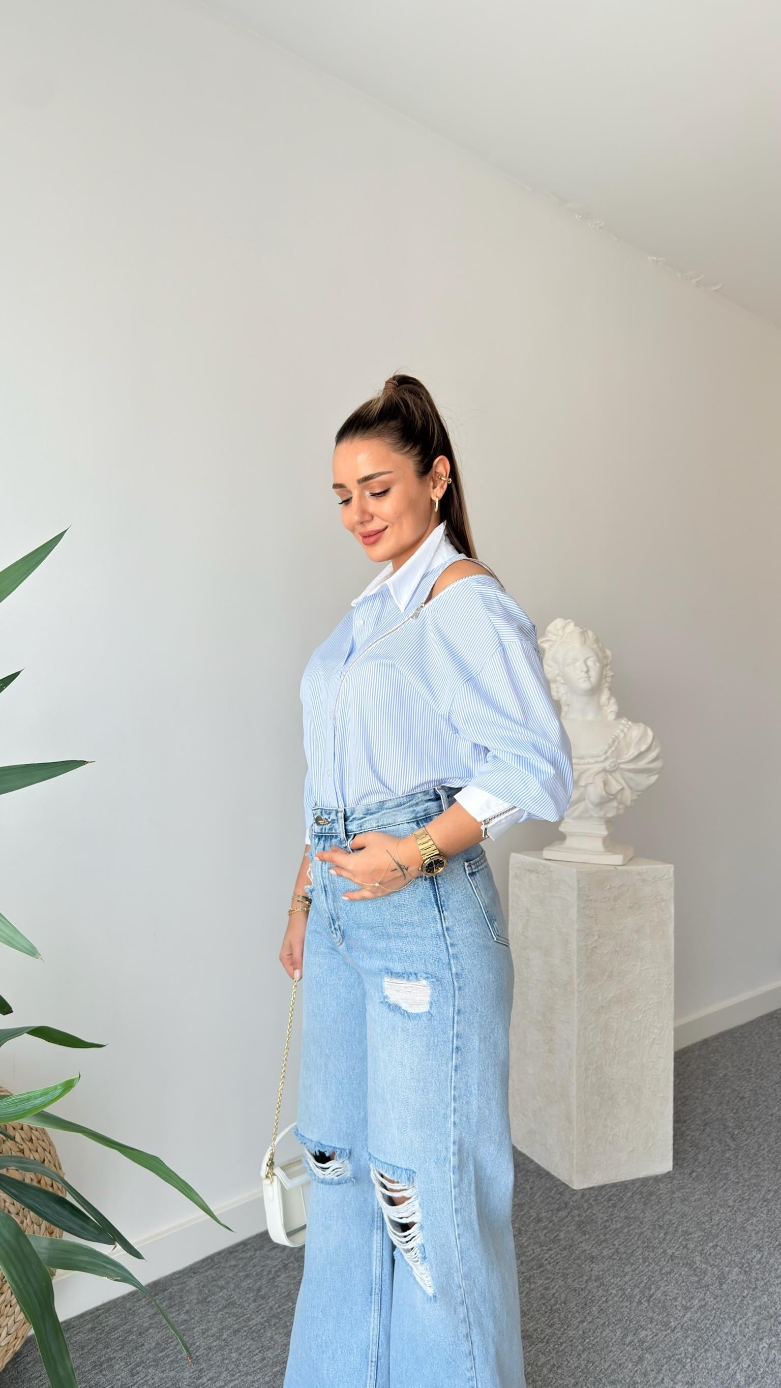 Fermuar Detaylı Çizgili Gömlek