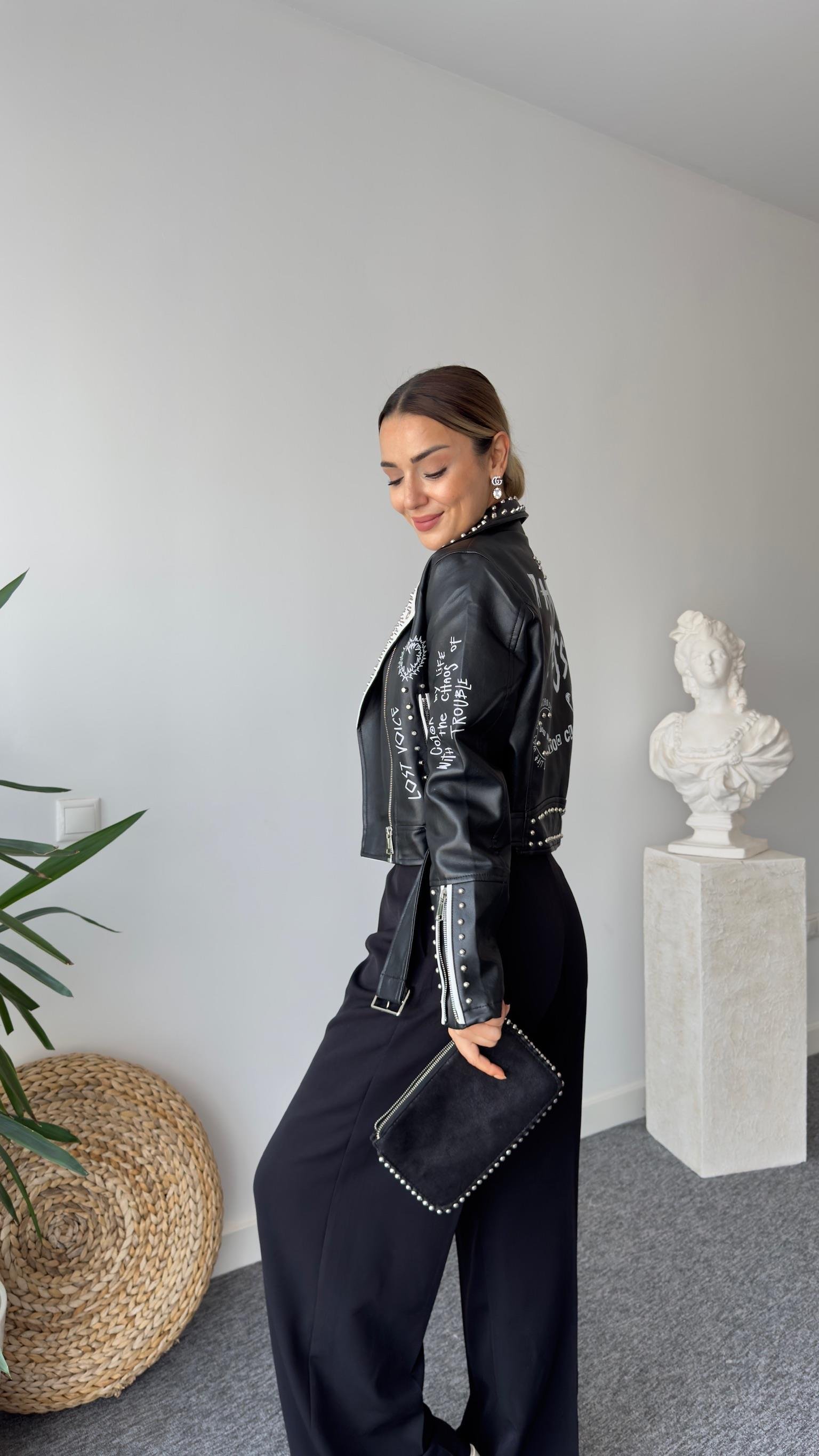 İthal Zımba Ve Yazı Detaylı Deri Ceket