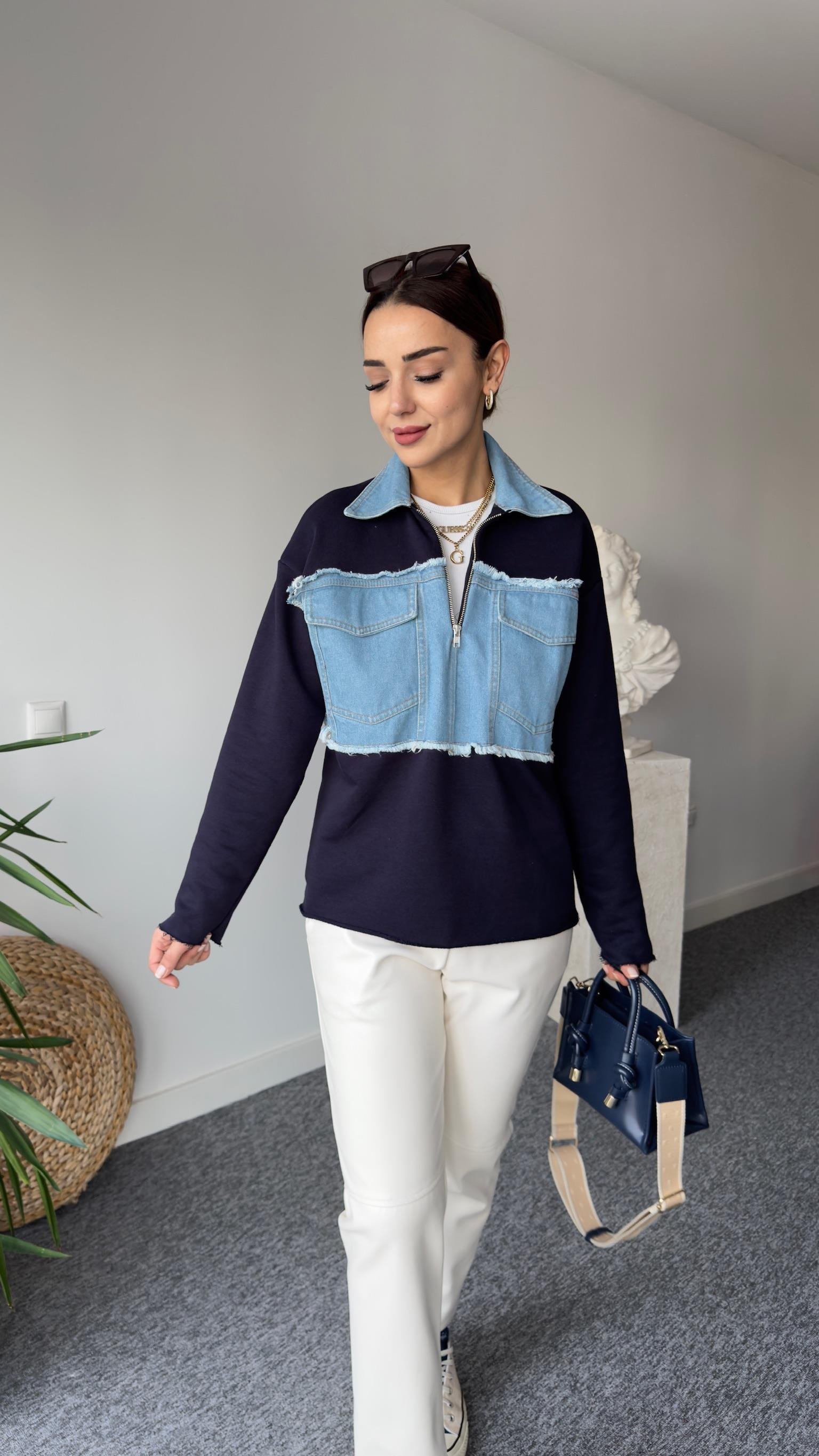 Yarım Fermuar Kotlu Lacivert Sweat