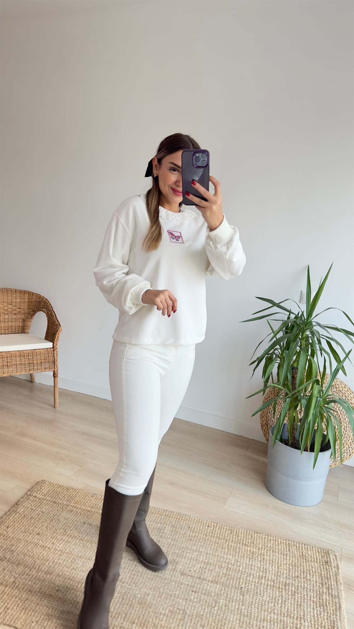 Kolu Büzgülü Kelebek Baskı Sweat