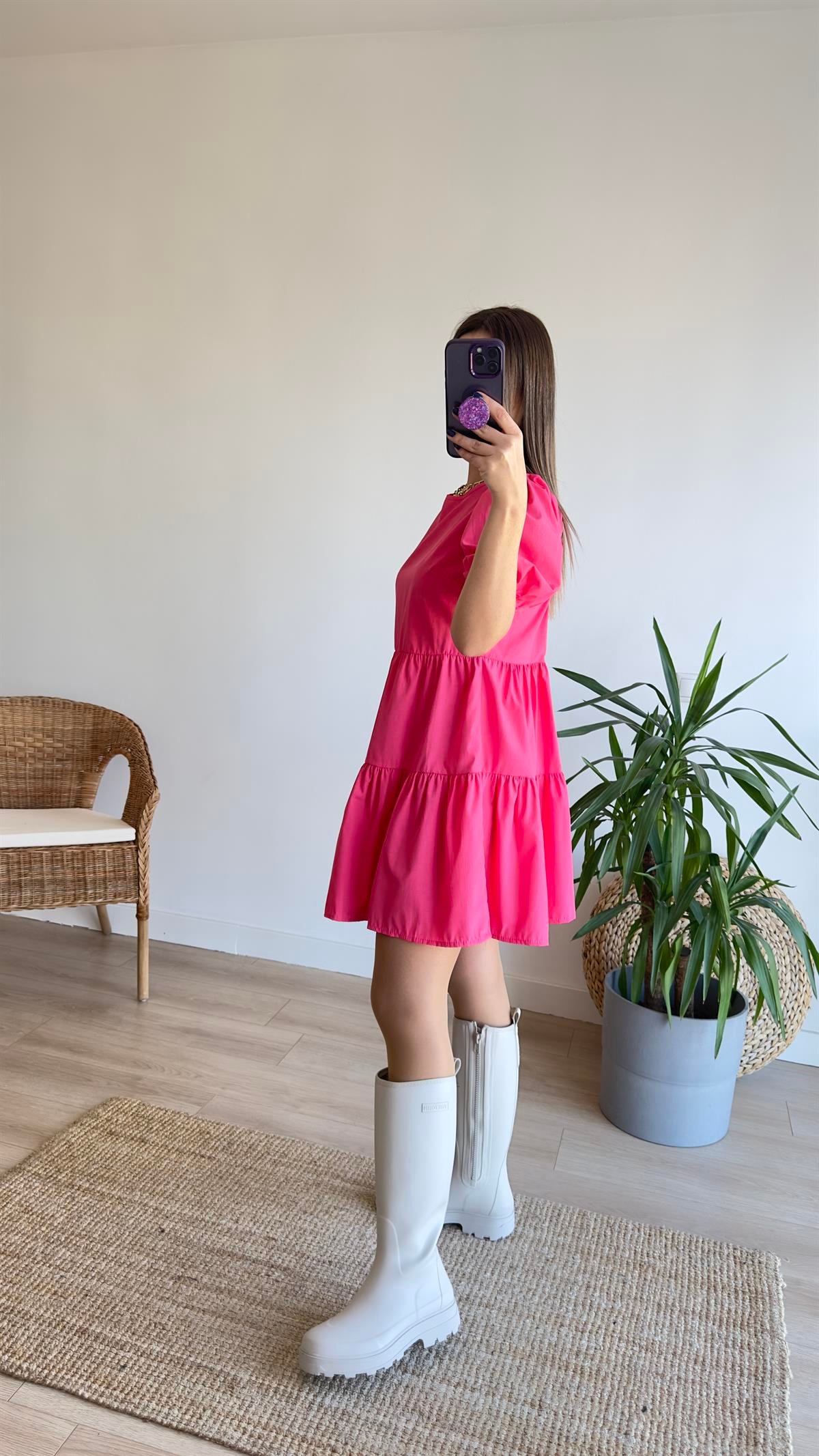 Sırt Pencereli Pembe Poplin Elbise