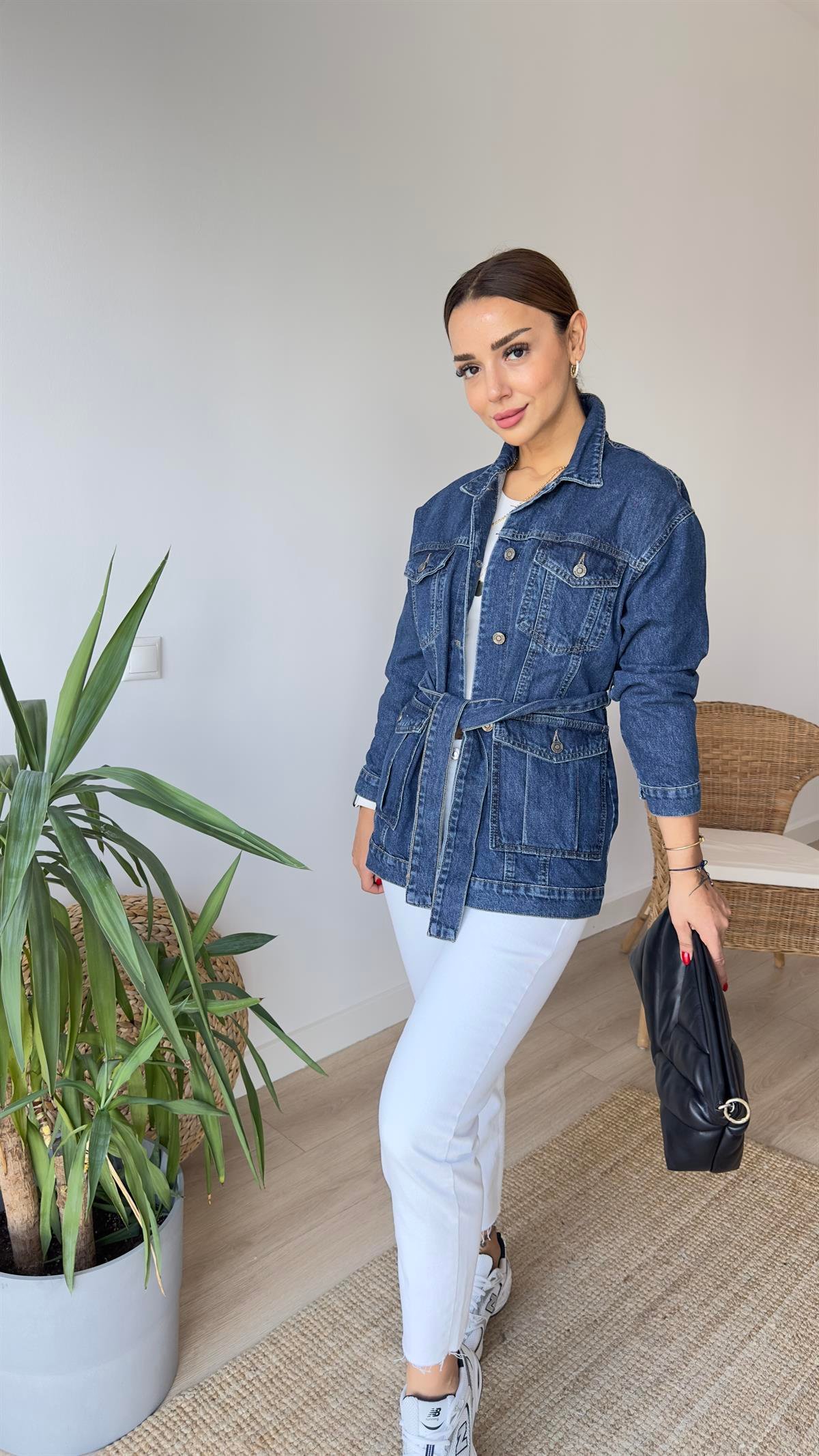 Kuşaklı Lacivert Jean Ceket