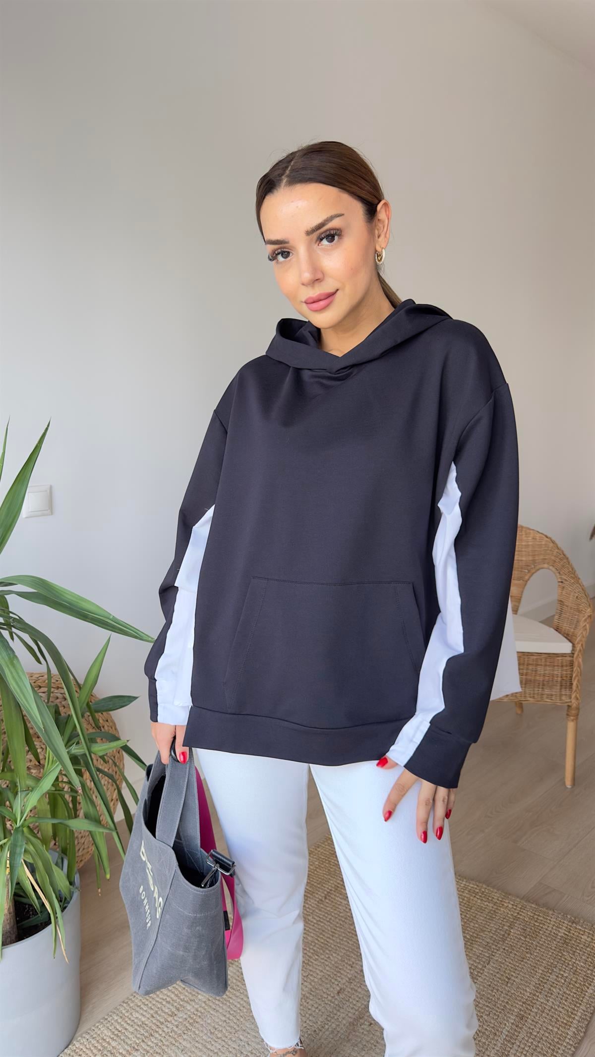 Zra Model Sırtı Poplin Kapüşonlu Lacivert Sweat