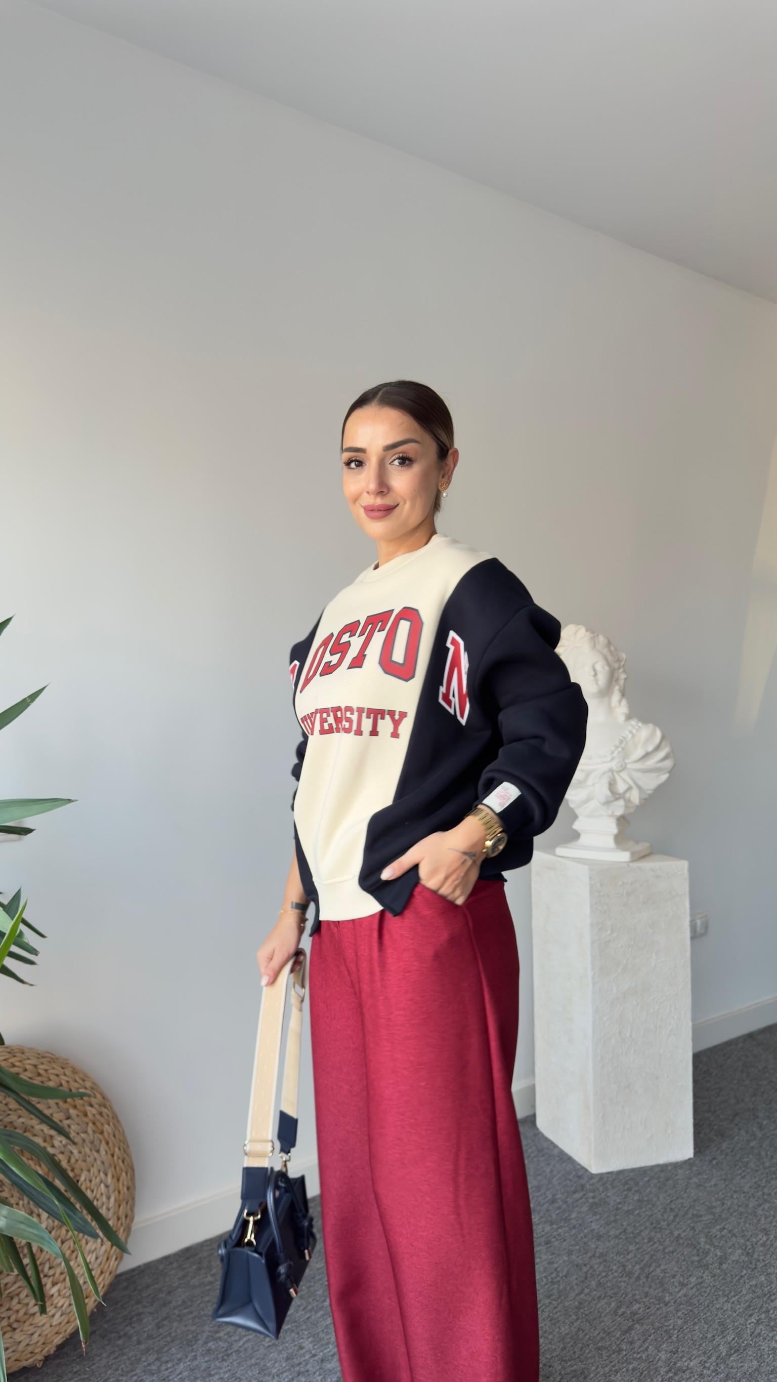 Boston Yazılı Çift Renk Sweatshirt