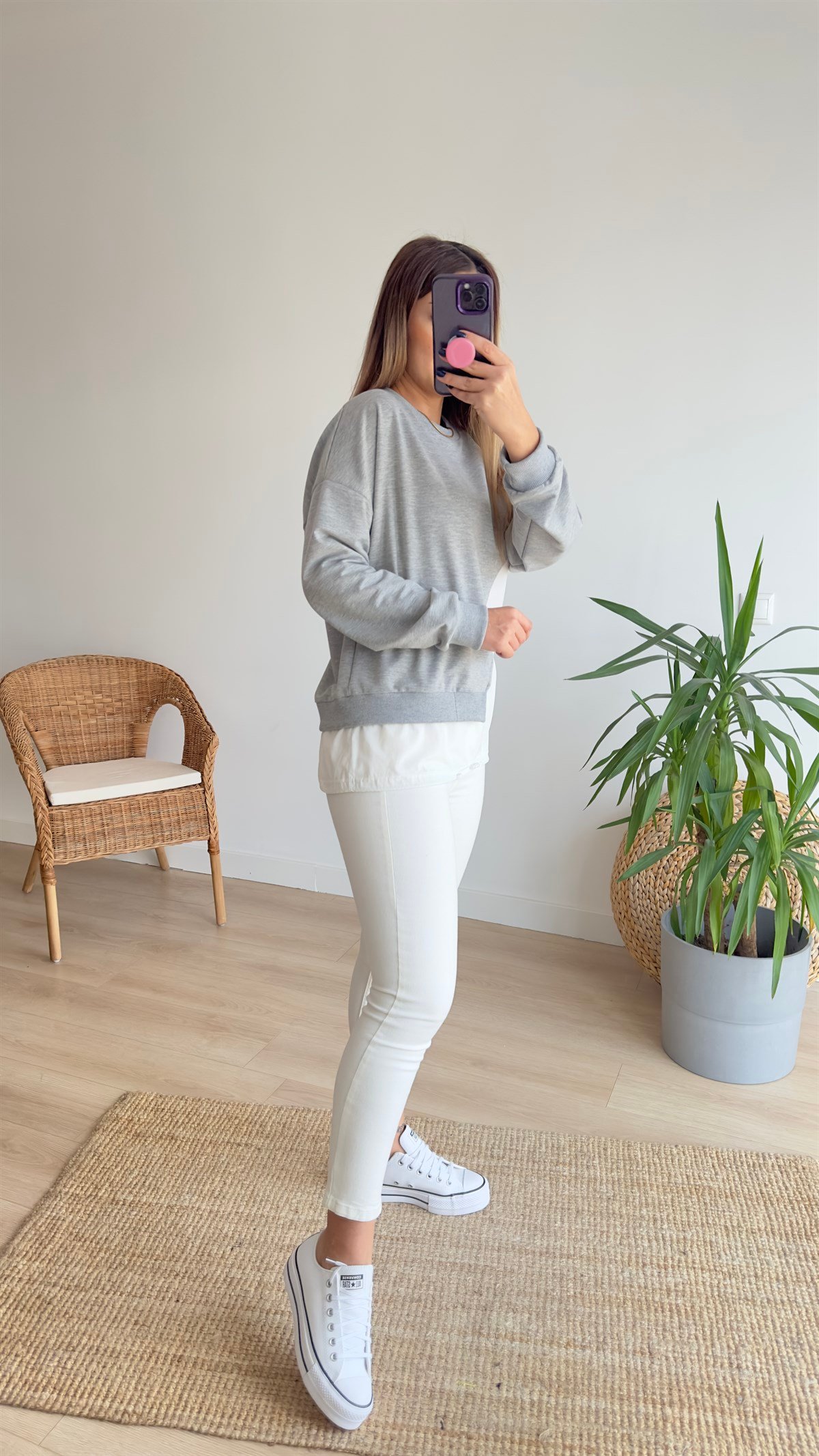 Poplin Detaylı Gri Sweat