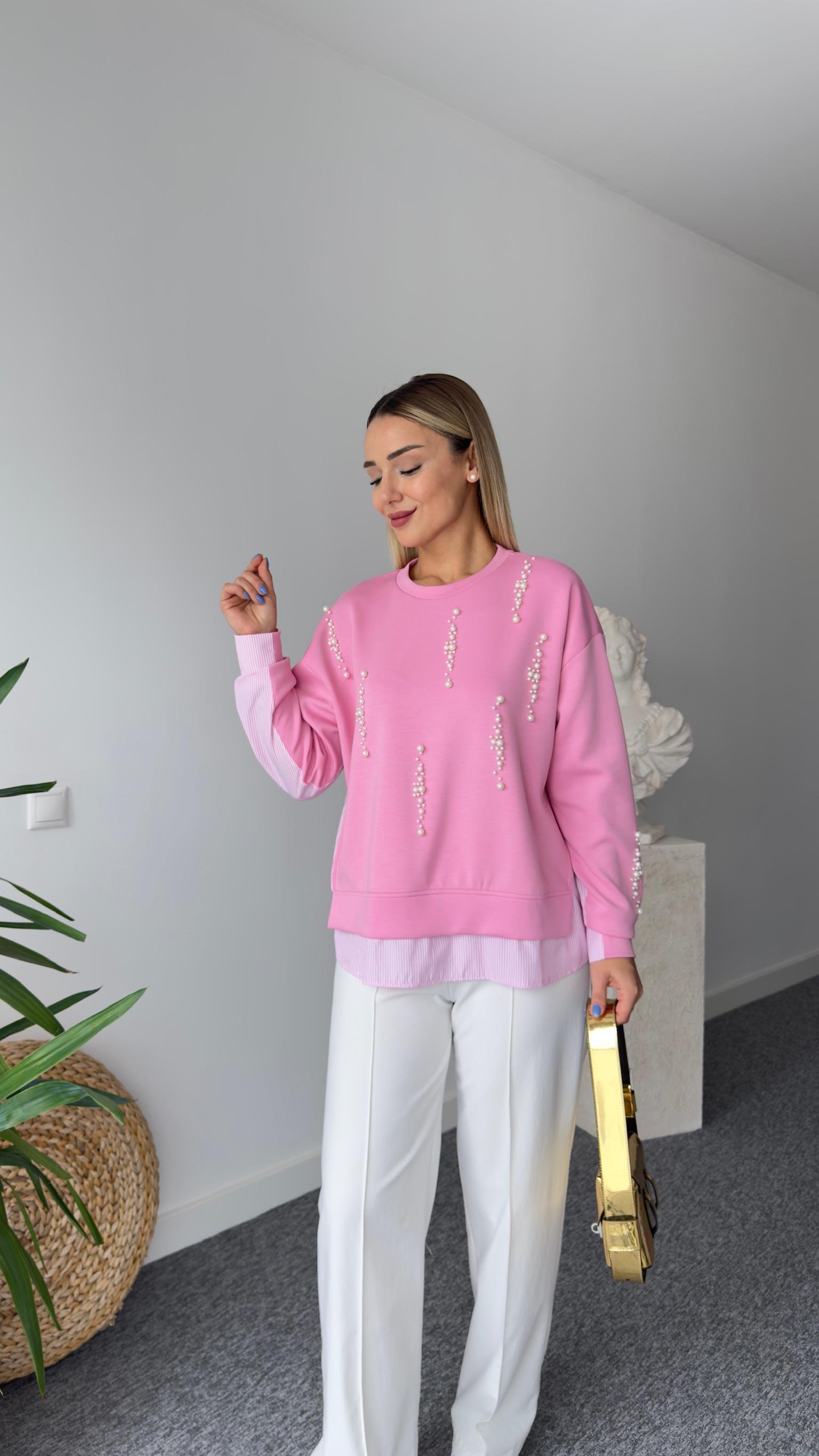 İnci Detaylı Gömlek Garni Pembe Modal Sweat