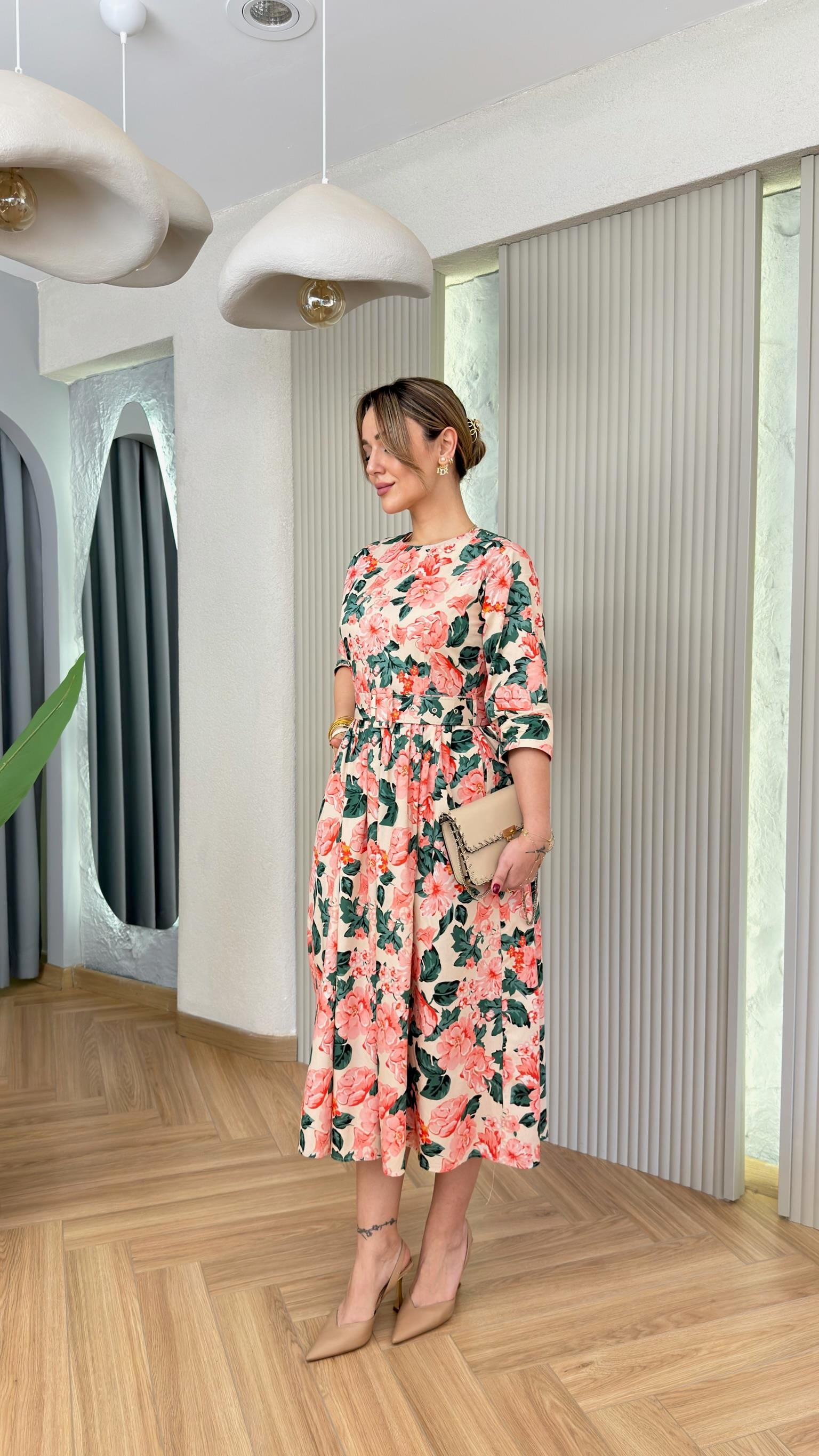 Floral Desenli Kemerli Premium Elbise 