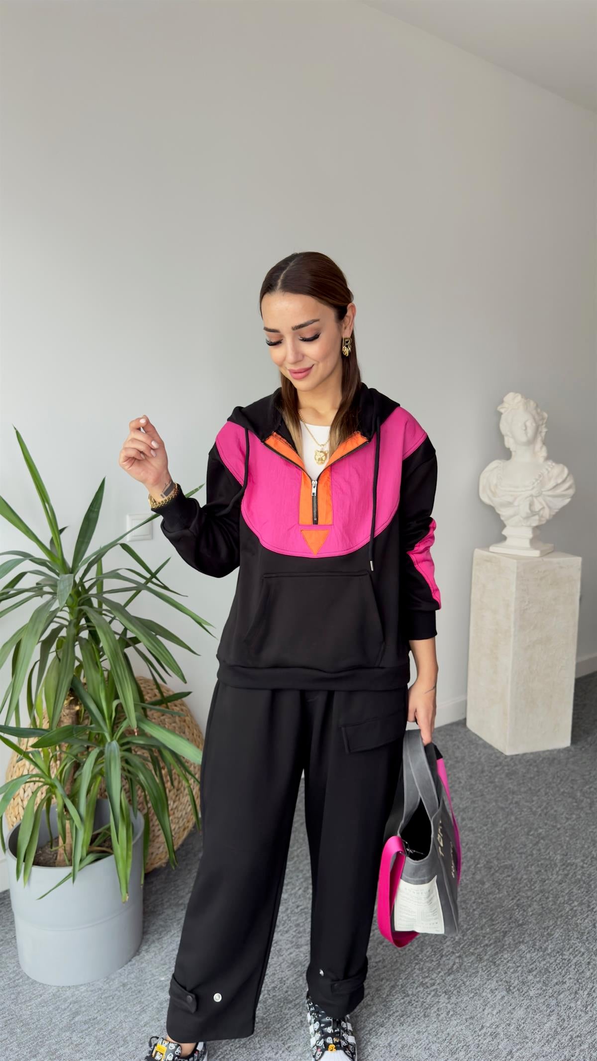 Flat Yarım Fermuar Fuşya Detay Sweat
