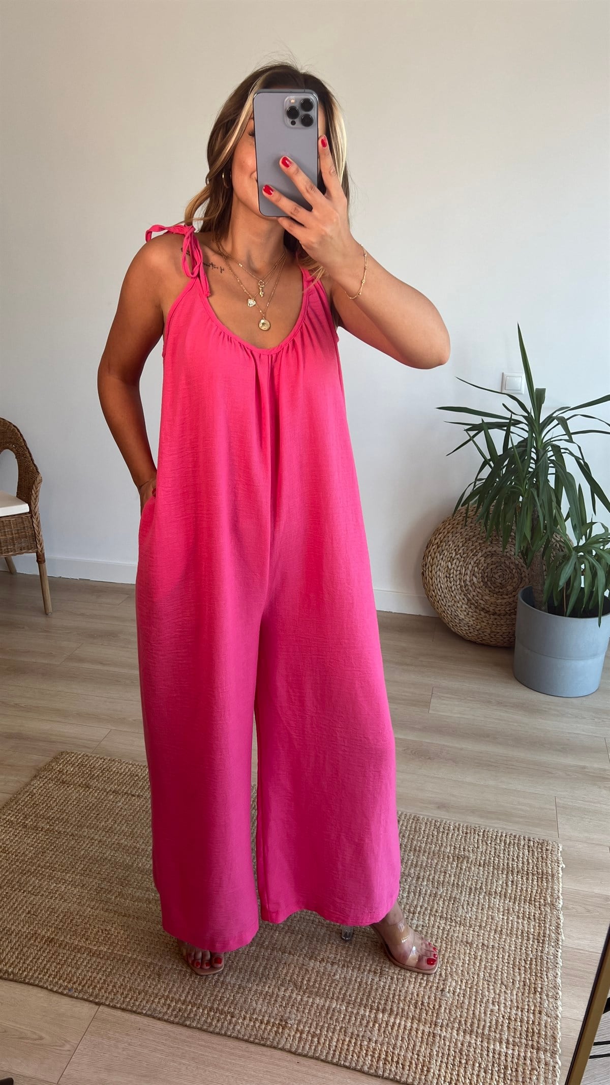 Ayarlanabilir Askılı Pembe Bol Keten Tulum