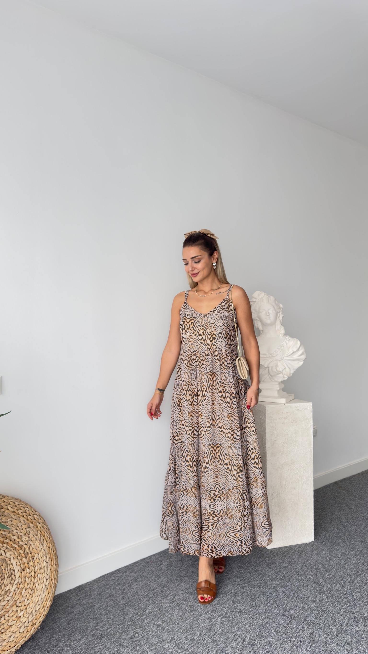 Kahve Zebra Desenli Askılı Elbise 