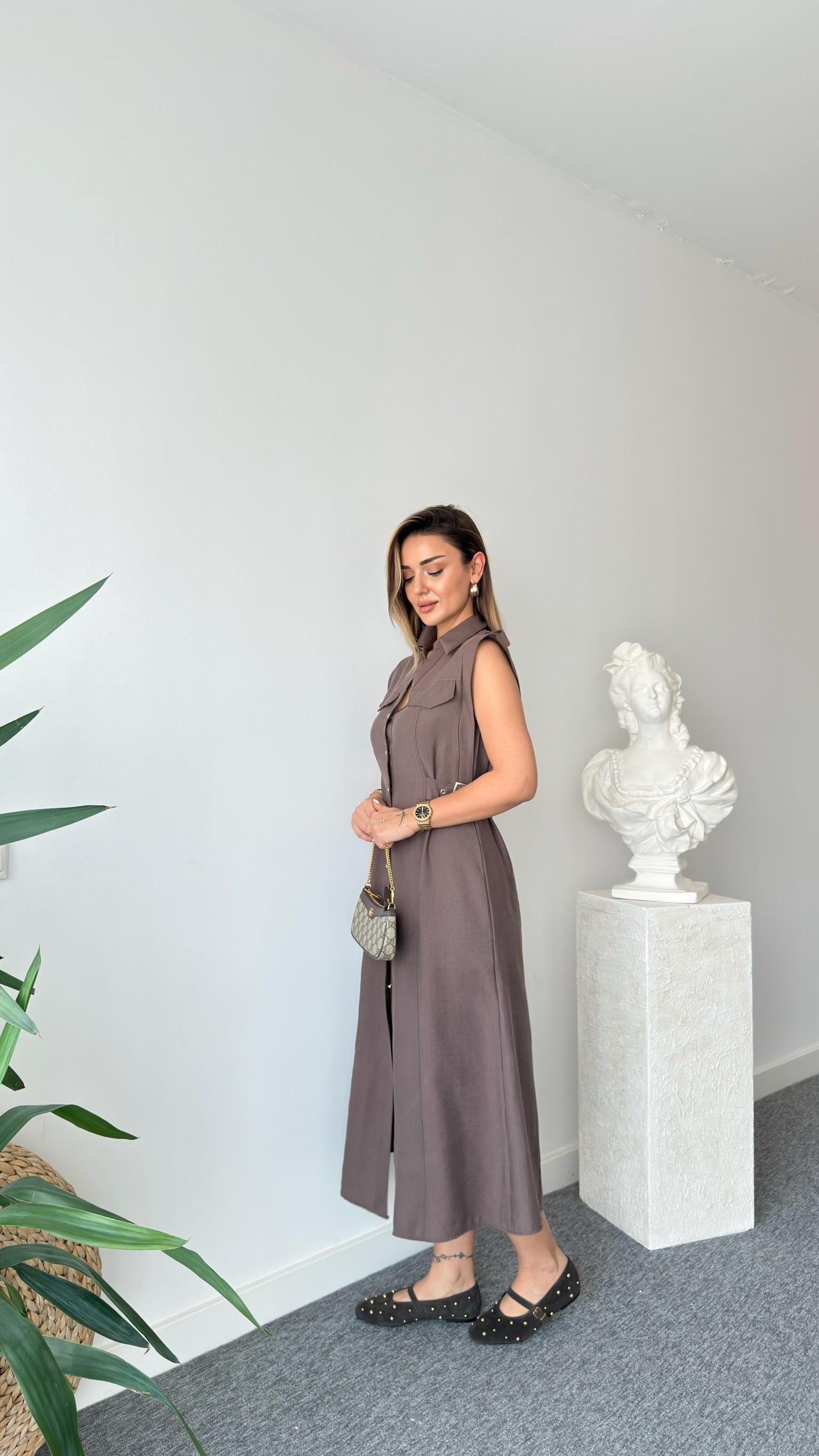 Kahve Yan Kemerli Zra Model Tensel Elbise 