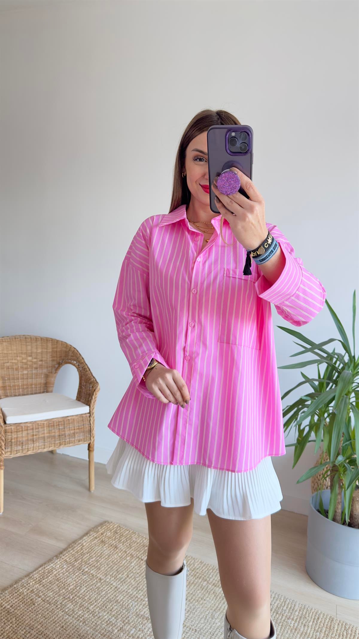 Shive Çizgili Pembe Gömlek