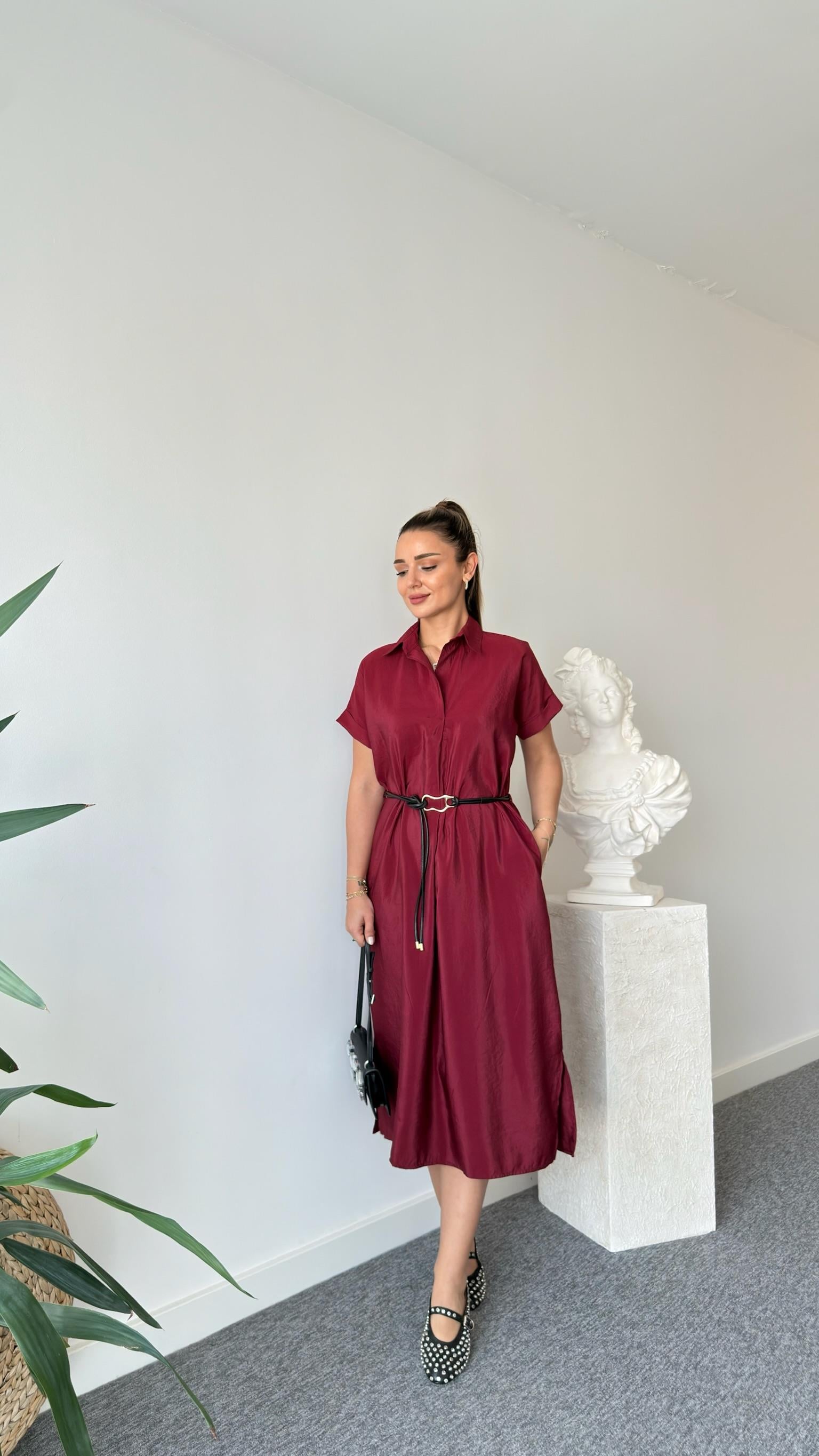 Bordo Menza Kemerli Elbise 