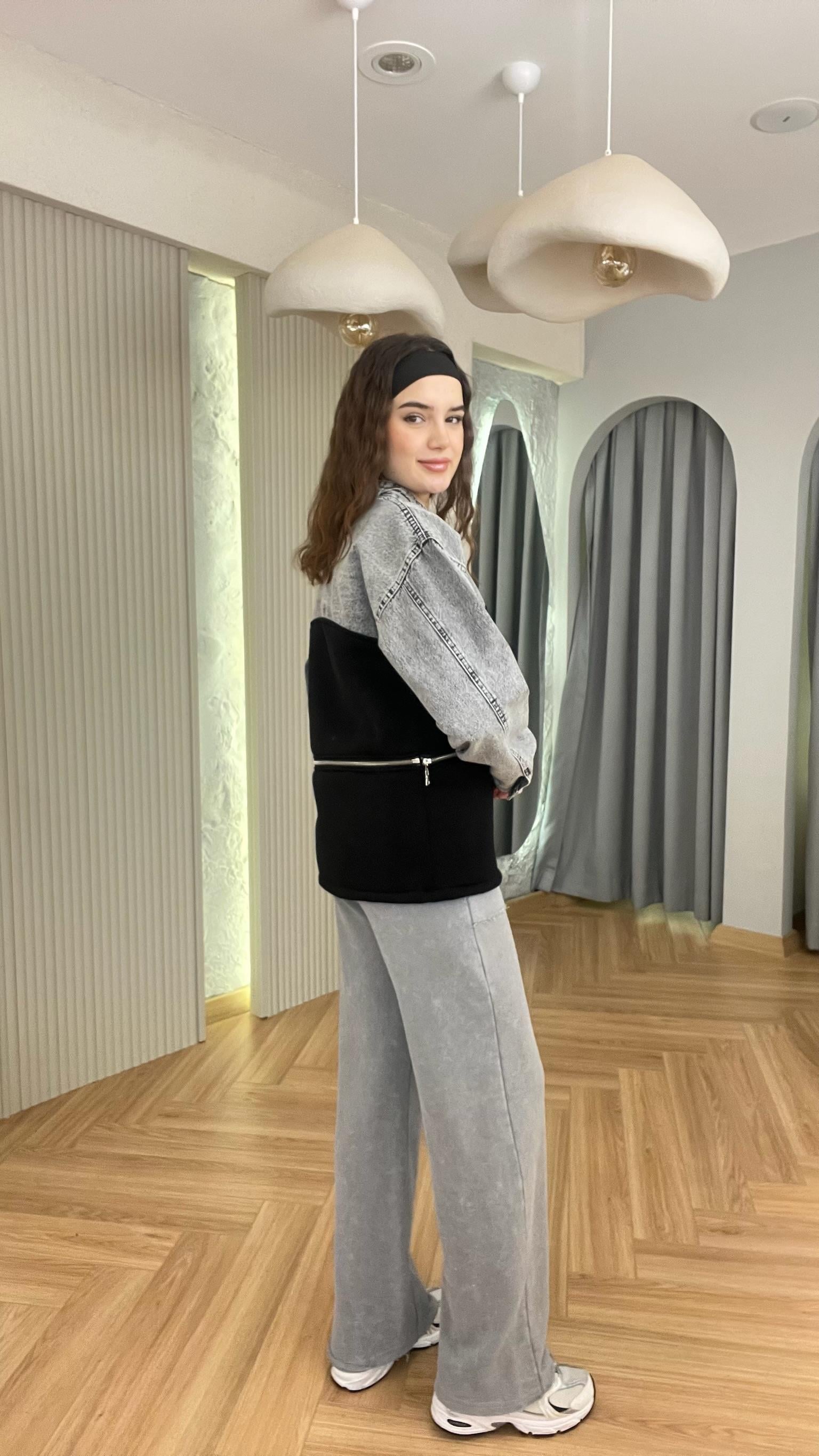 Gri Kot Garnili Fermuarlı Sweat