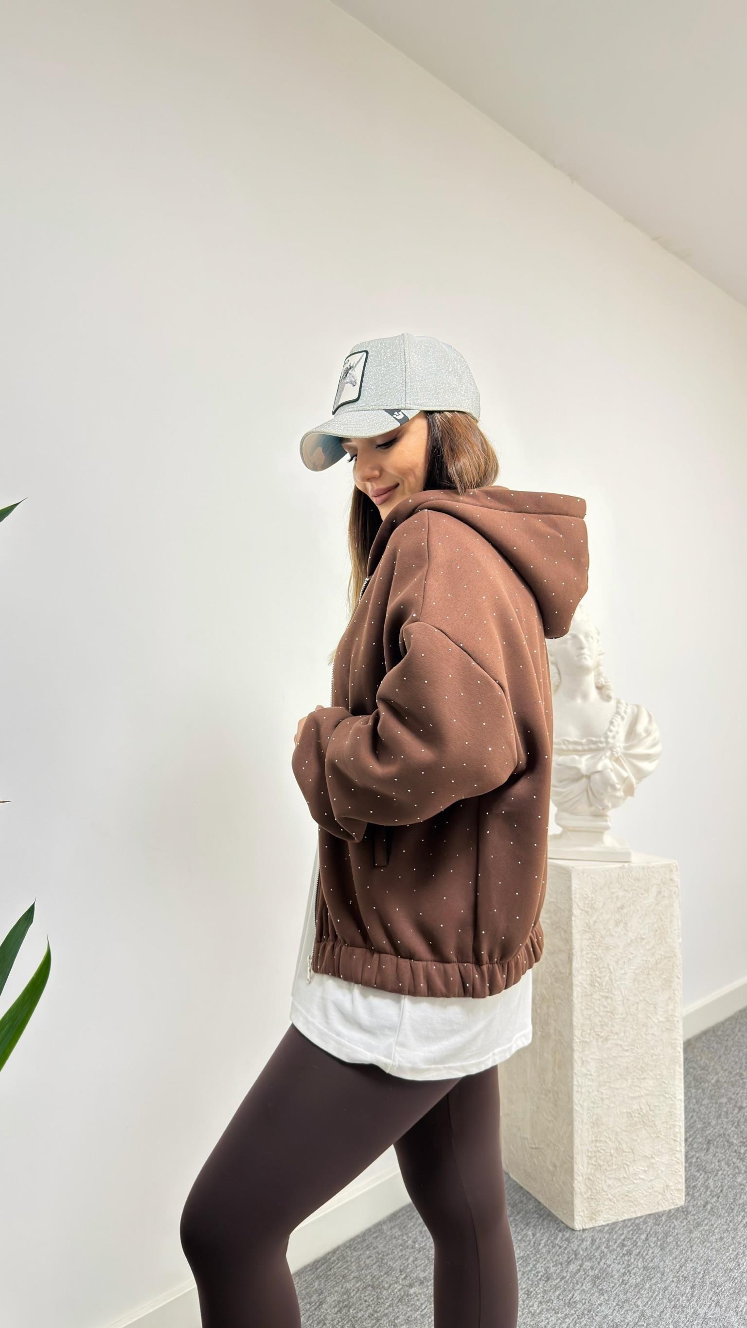 Kahve Nillo Taş Detaylı Şardonlu Sweatshirt