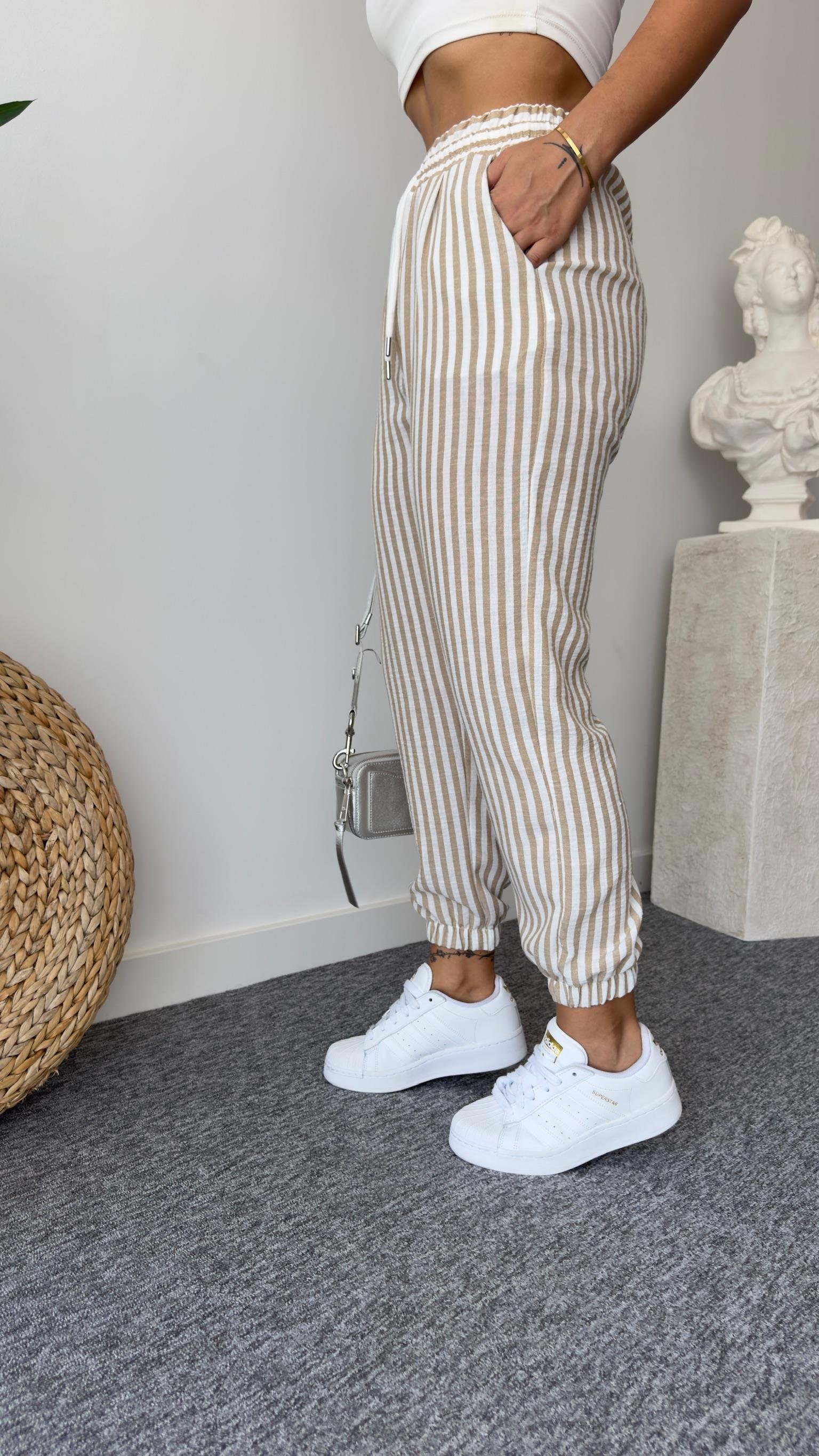 Bej Çizgili Keten Jogger Pantolon