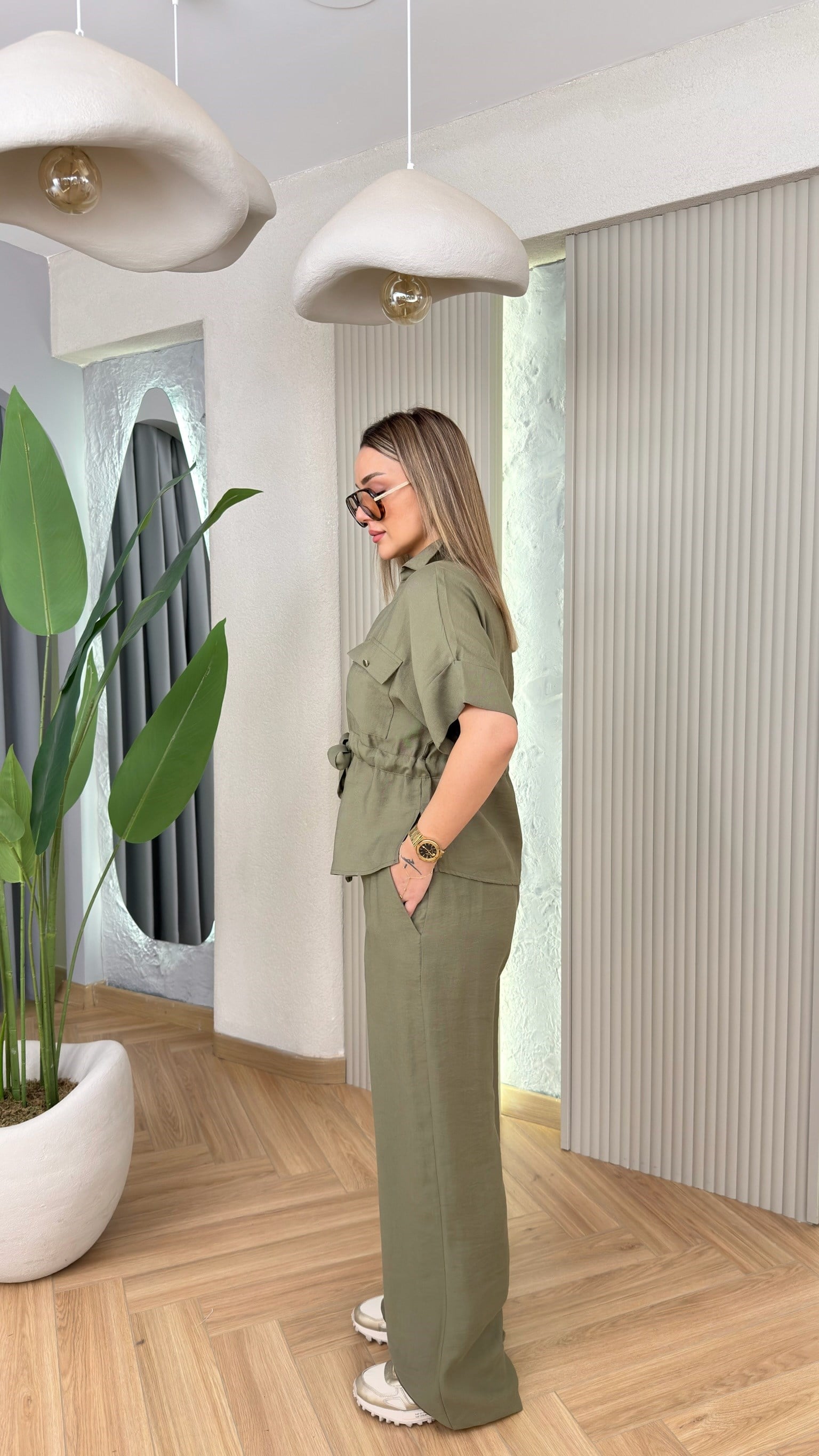 Yeşil Sonre Gold Fermuarlı Büzgülü Tensel Takım