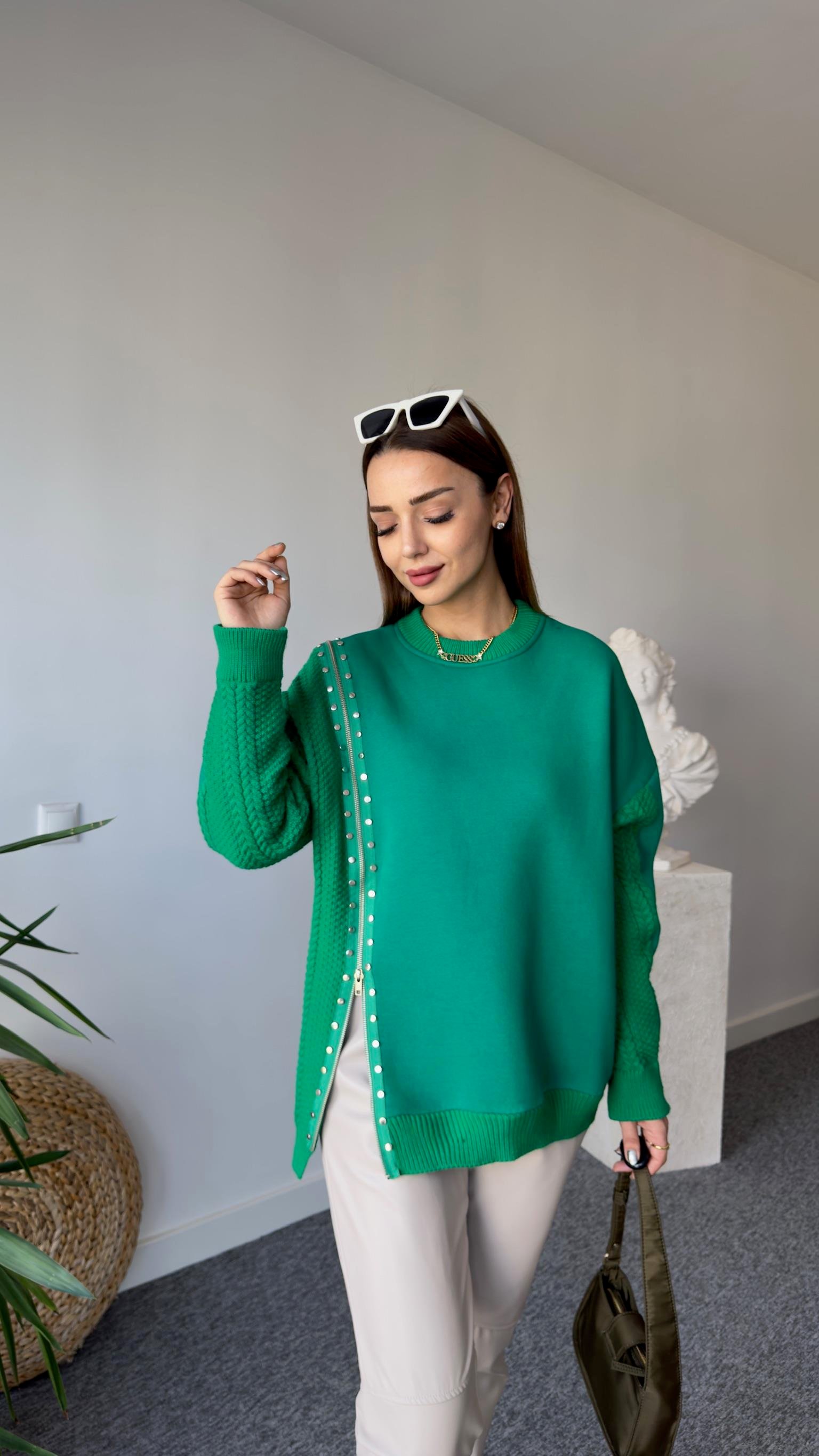 Fermuarlı Taş Detay Orj Model Yeşil Tasarım Sweat