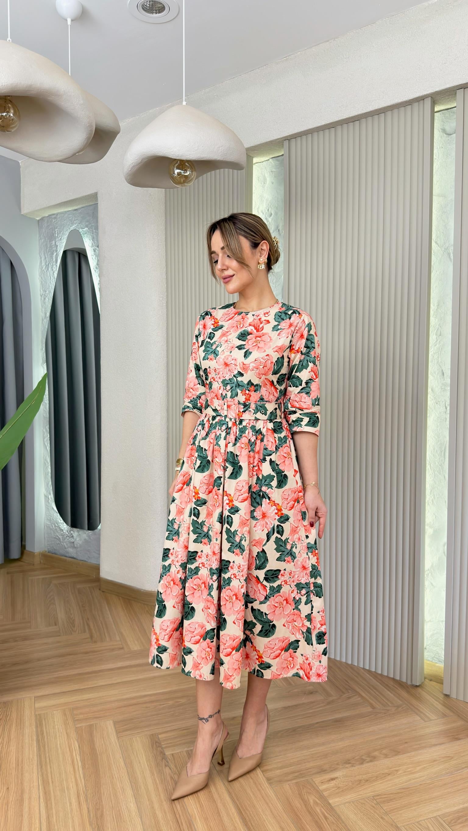 Floral Desenli Kemerli Premium Elbise 