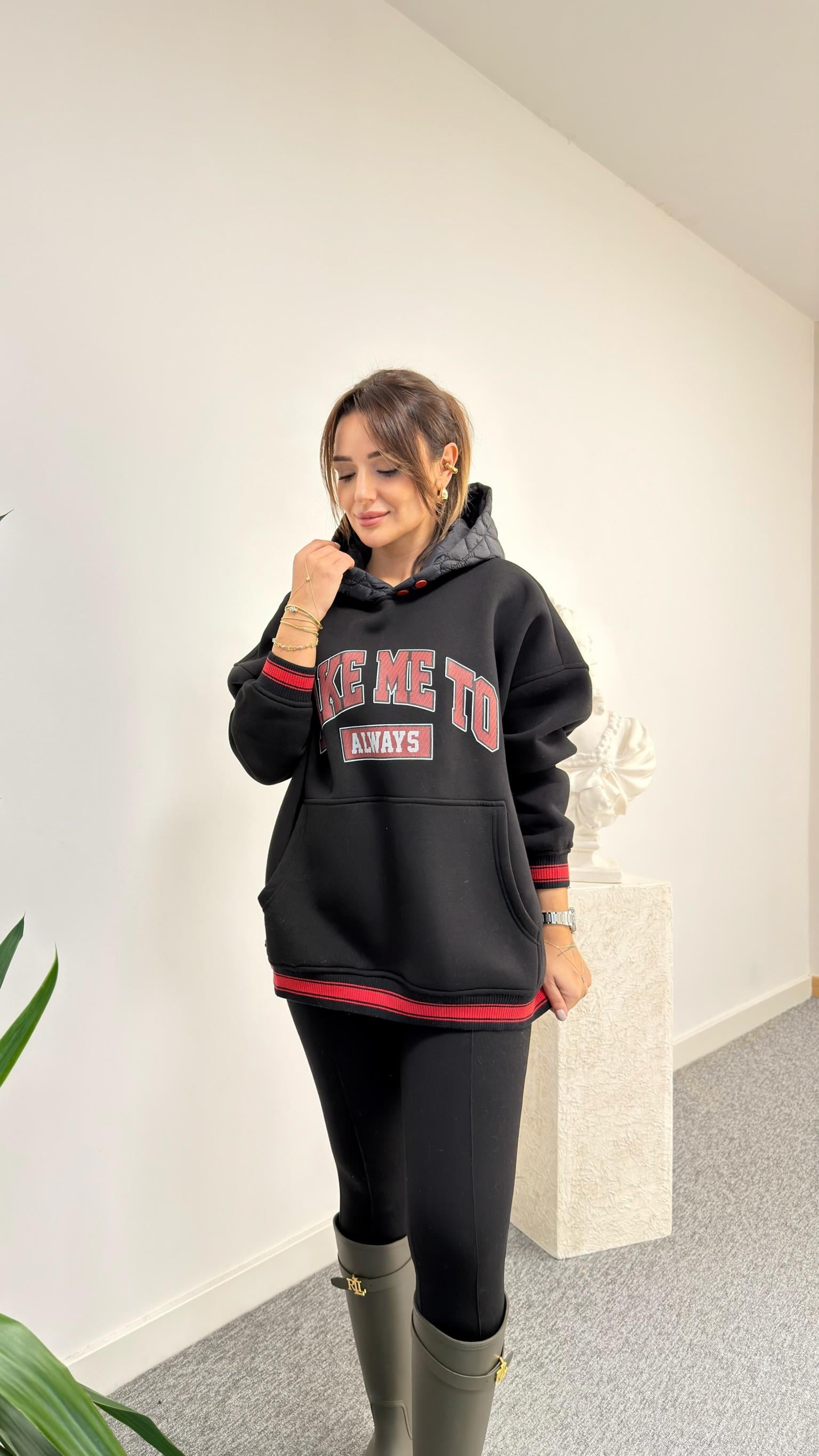 Eddy Yazılı Kapitone Kapüşonlu Siyah Sweatshirt