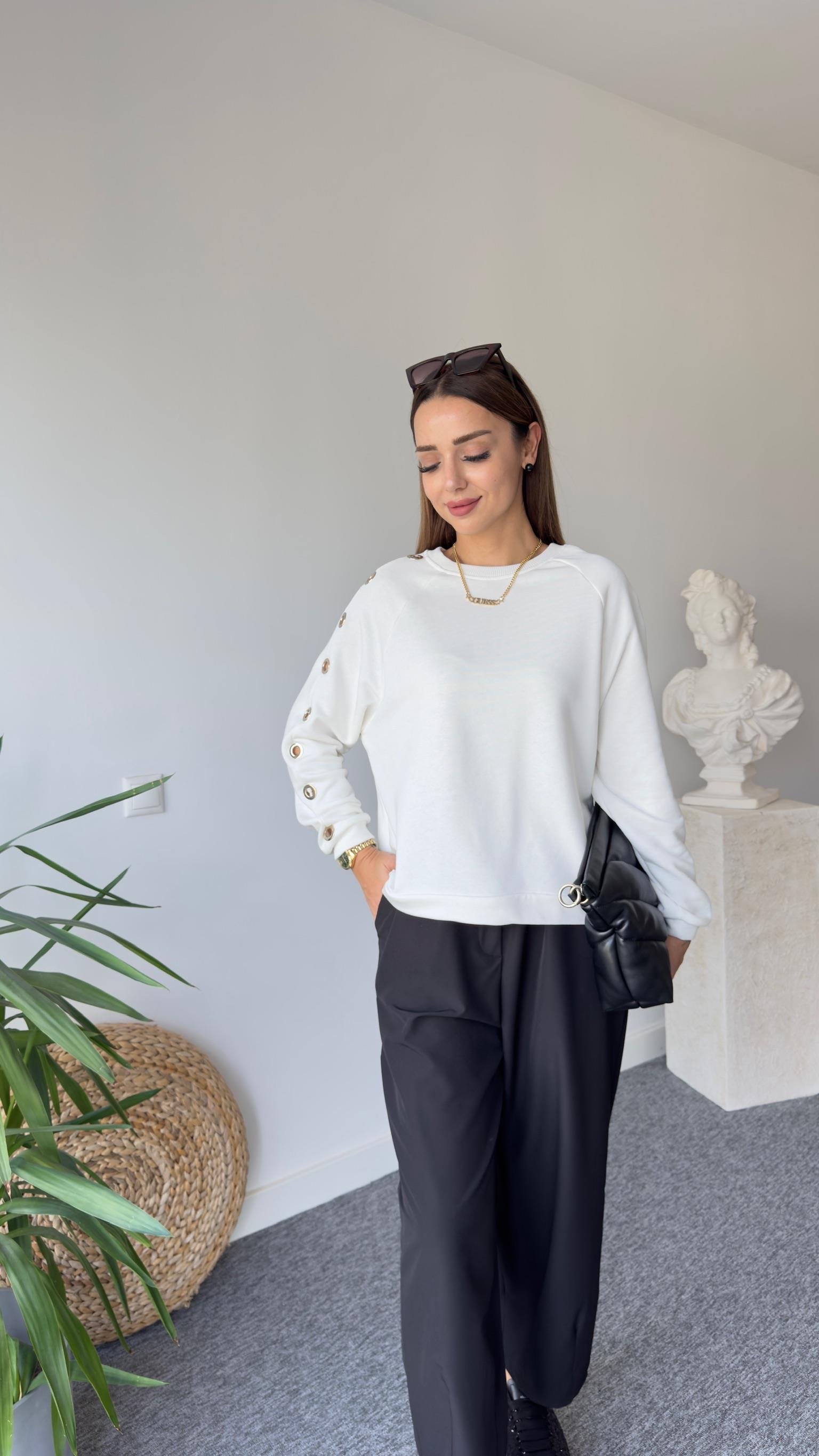 Orj Model Kollar Kuş Gözü Detay Beyaz Sweat 