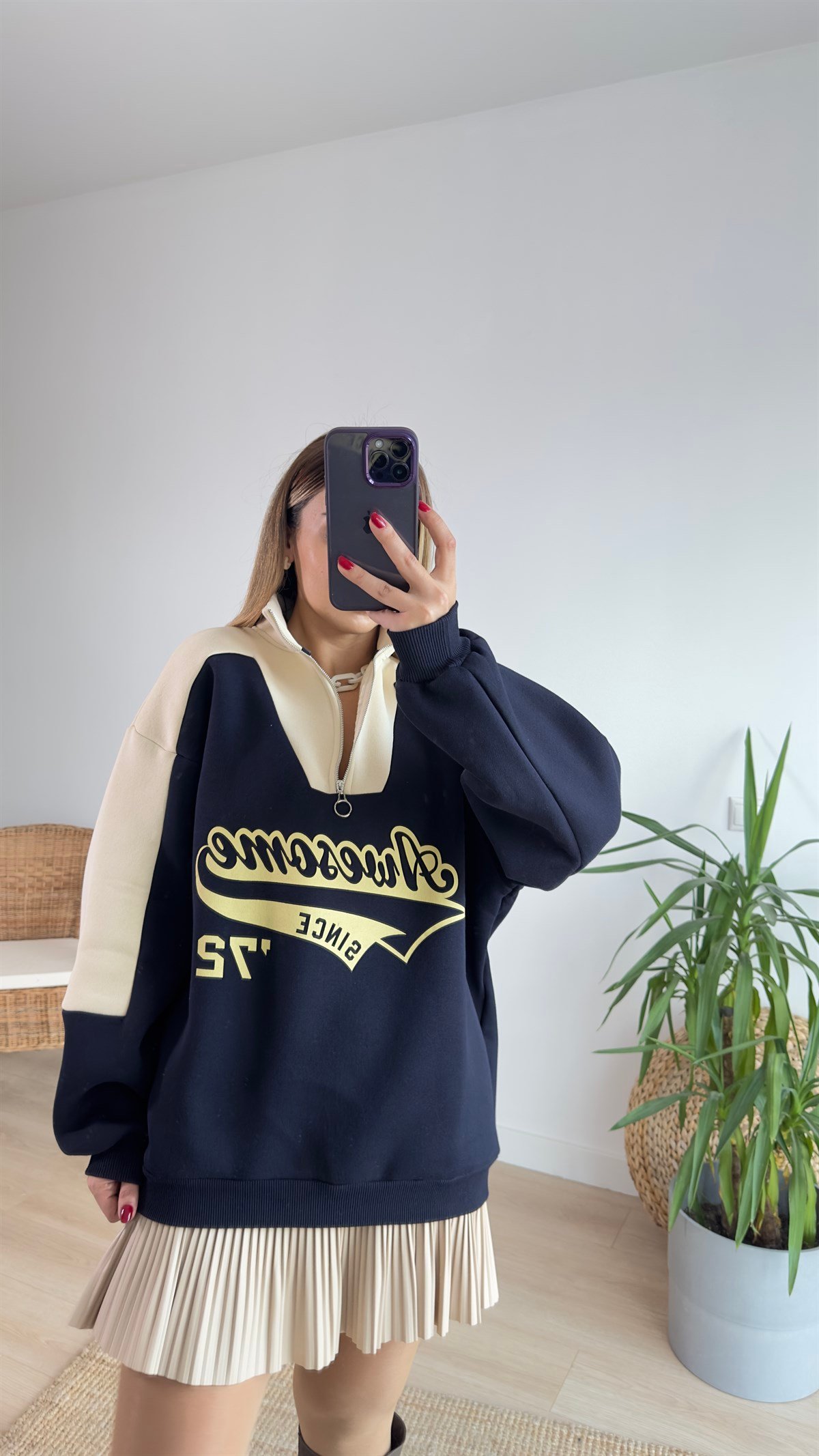 Lacivert Bej Baskılı Sweatshirt