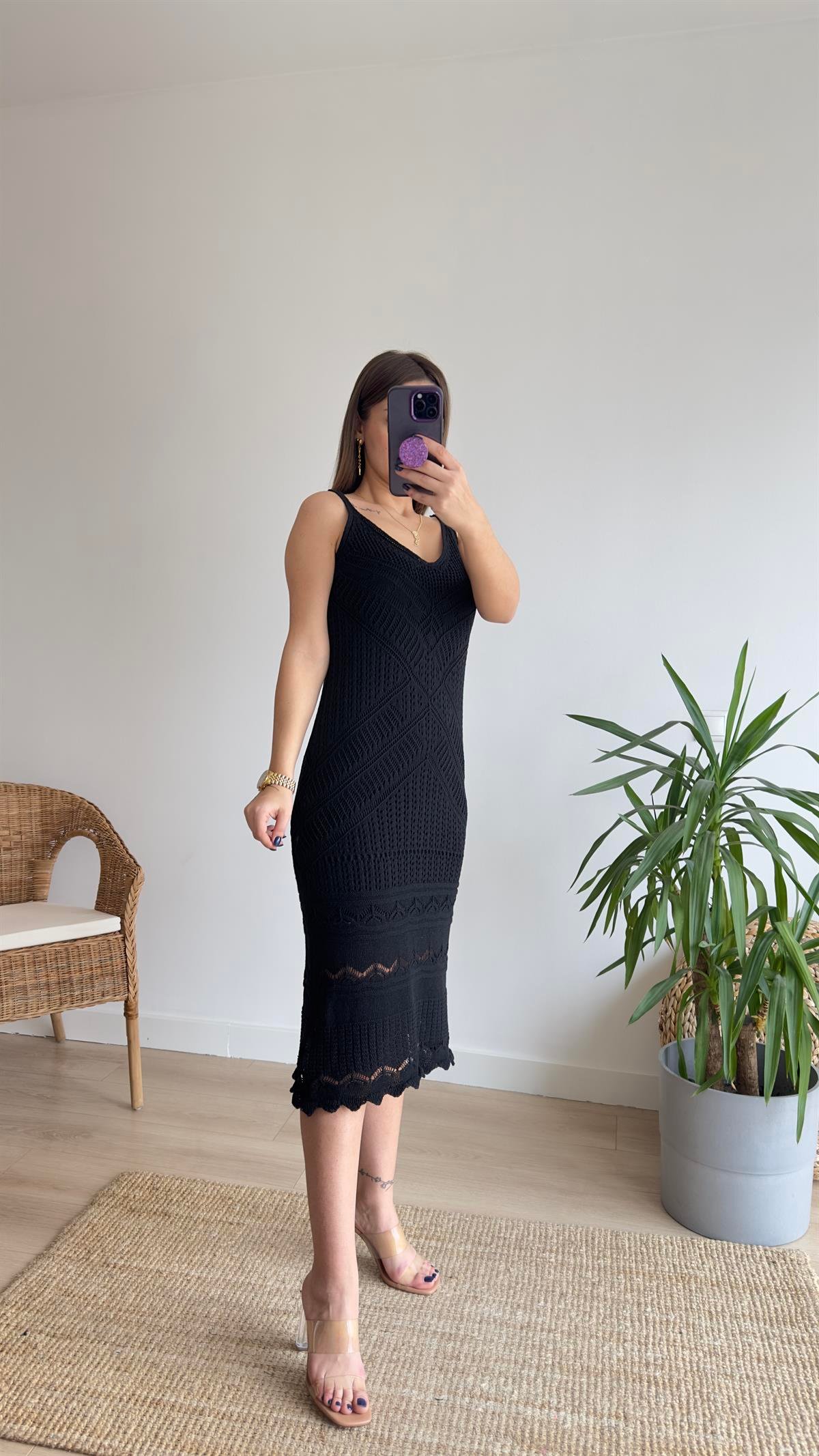 Askılı Siyah Örme Elbise