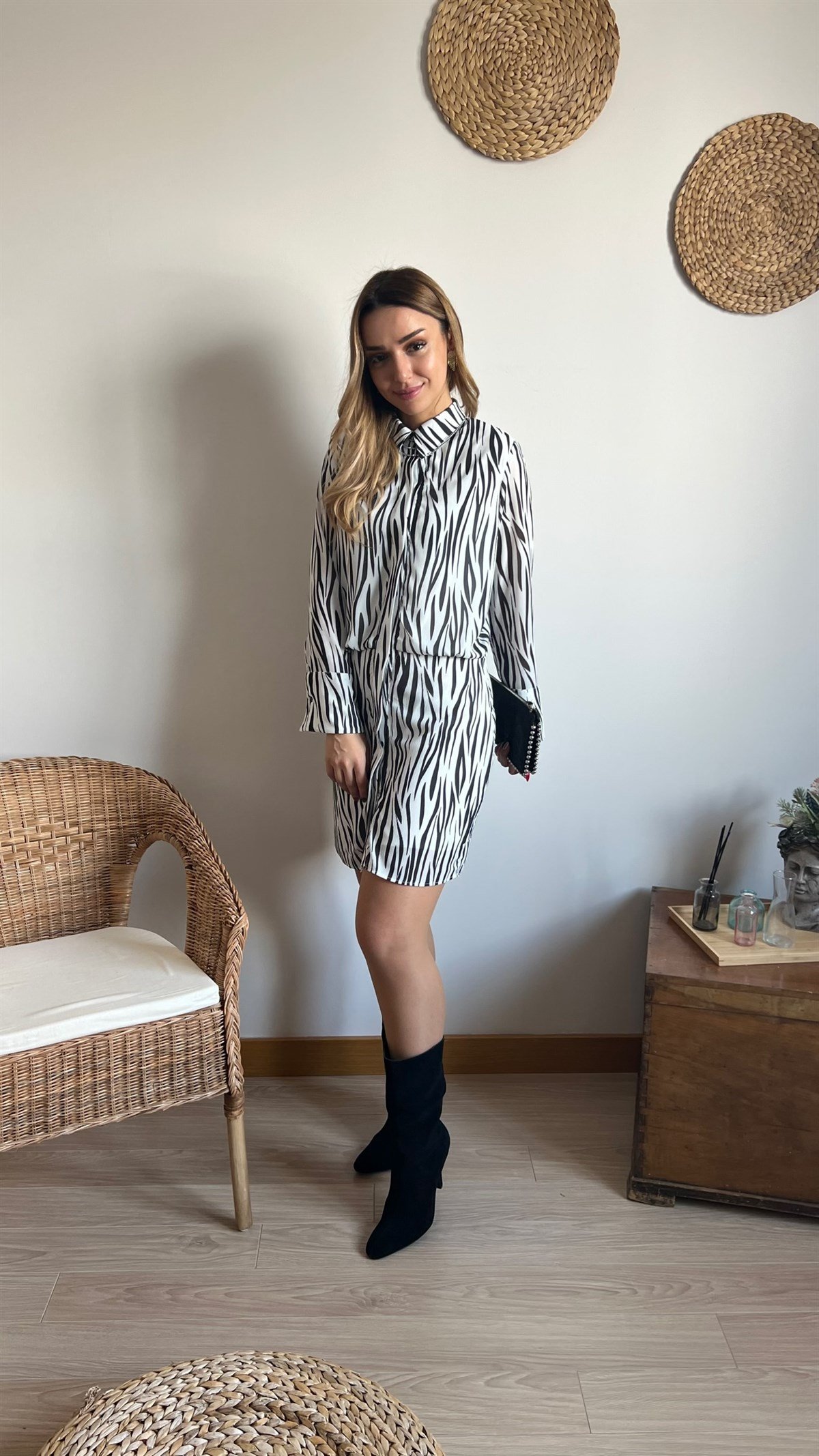 Zebra Desenli Siyah Beyaz Elbise	