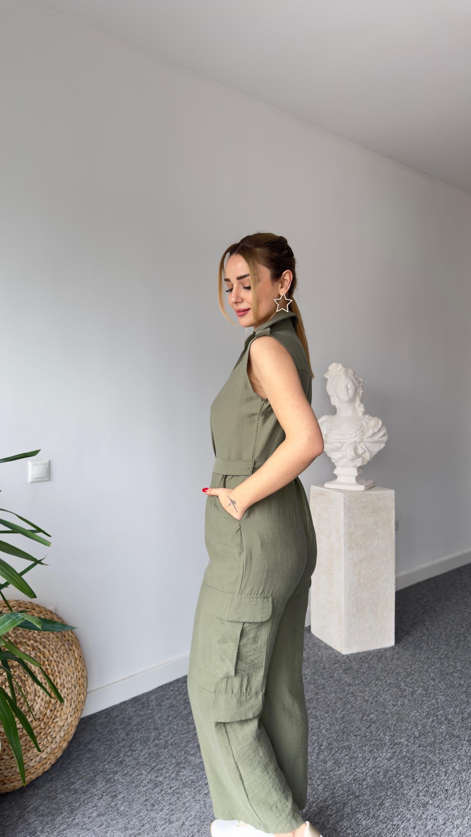 Kargo Cep Kuşaklı Haki Tulum