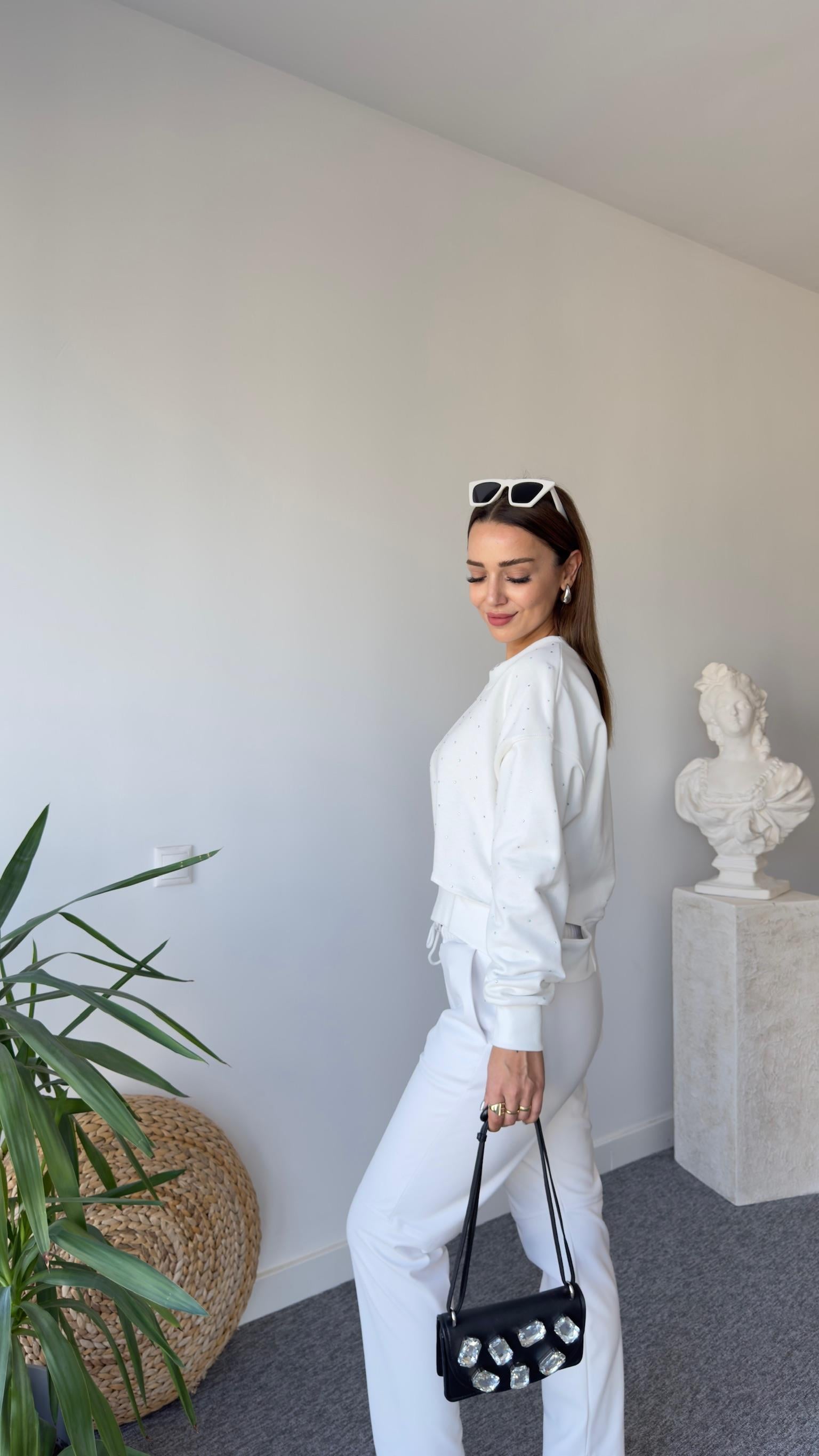 Lines Orj Model Taşlı Beyaz Sweat