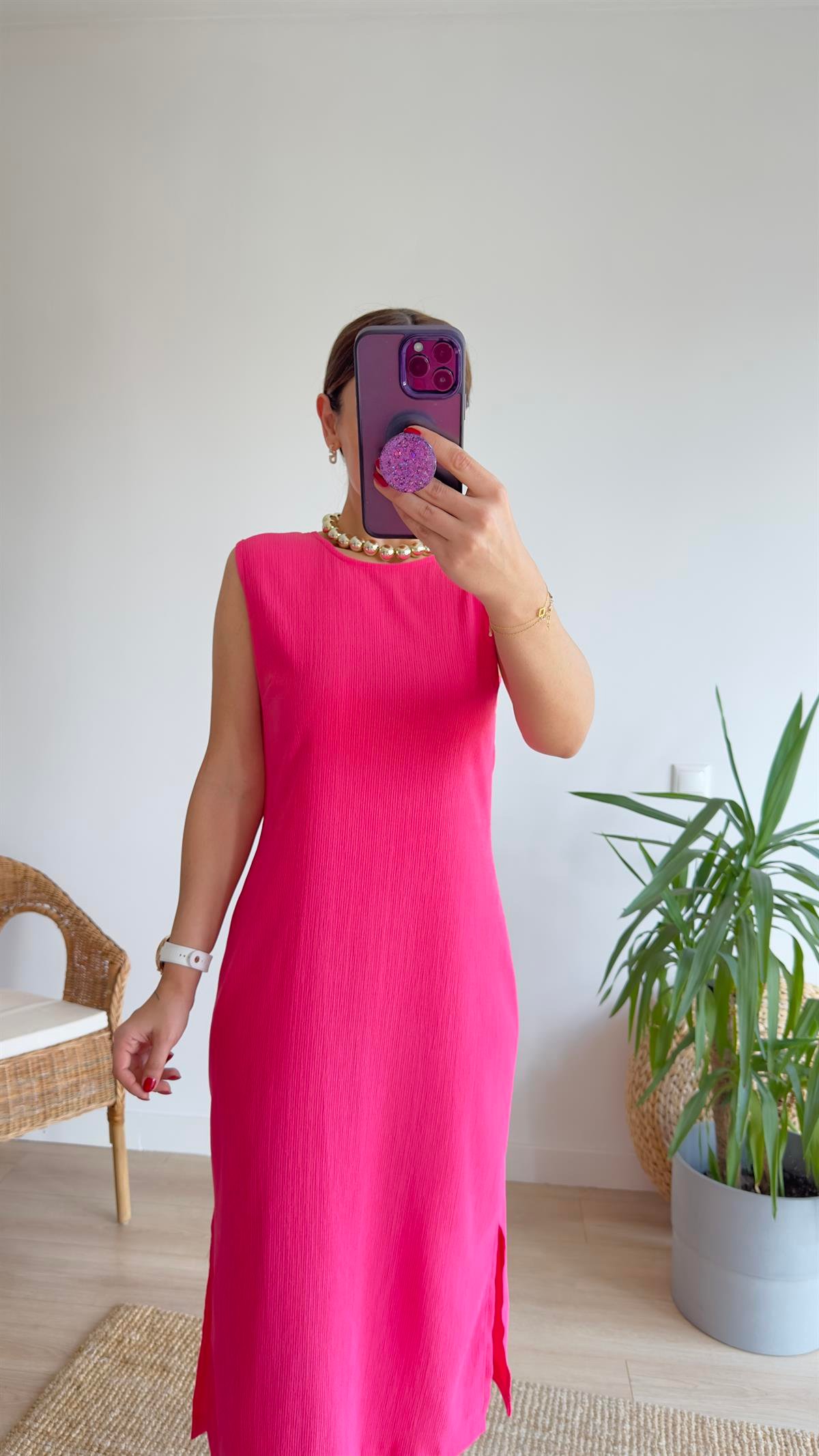 Yırtmaçlı Pembe Basic Elbise