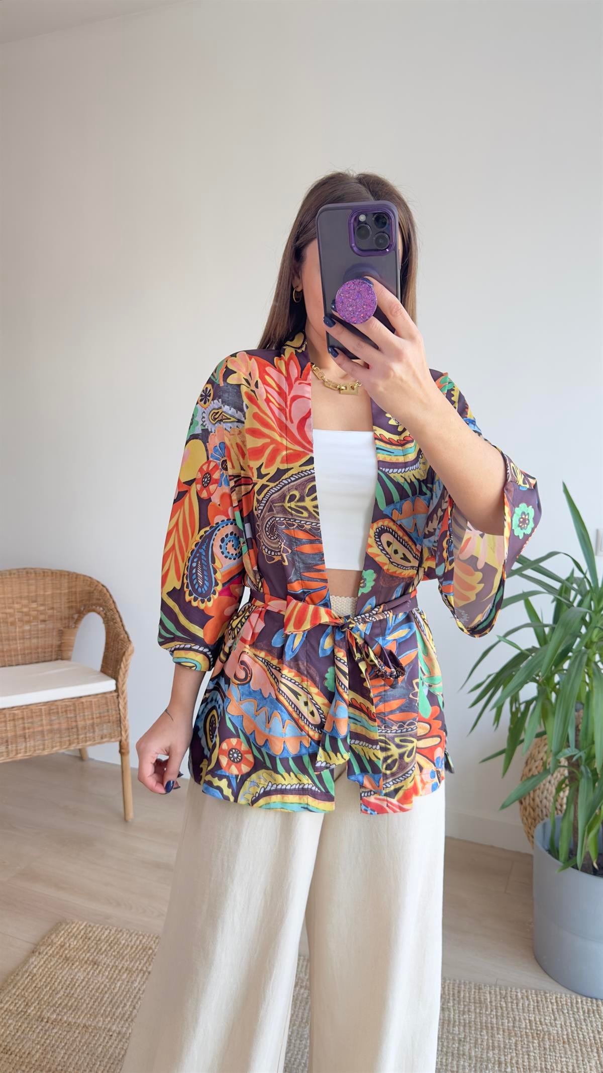 Çok Renkli Saten Kimono Ceket