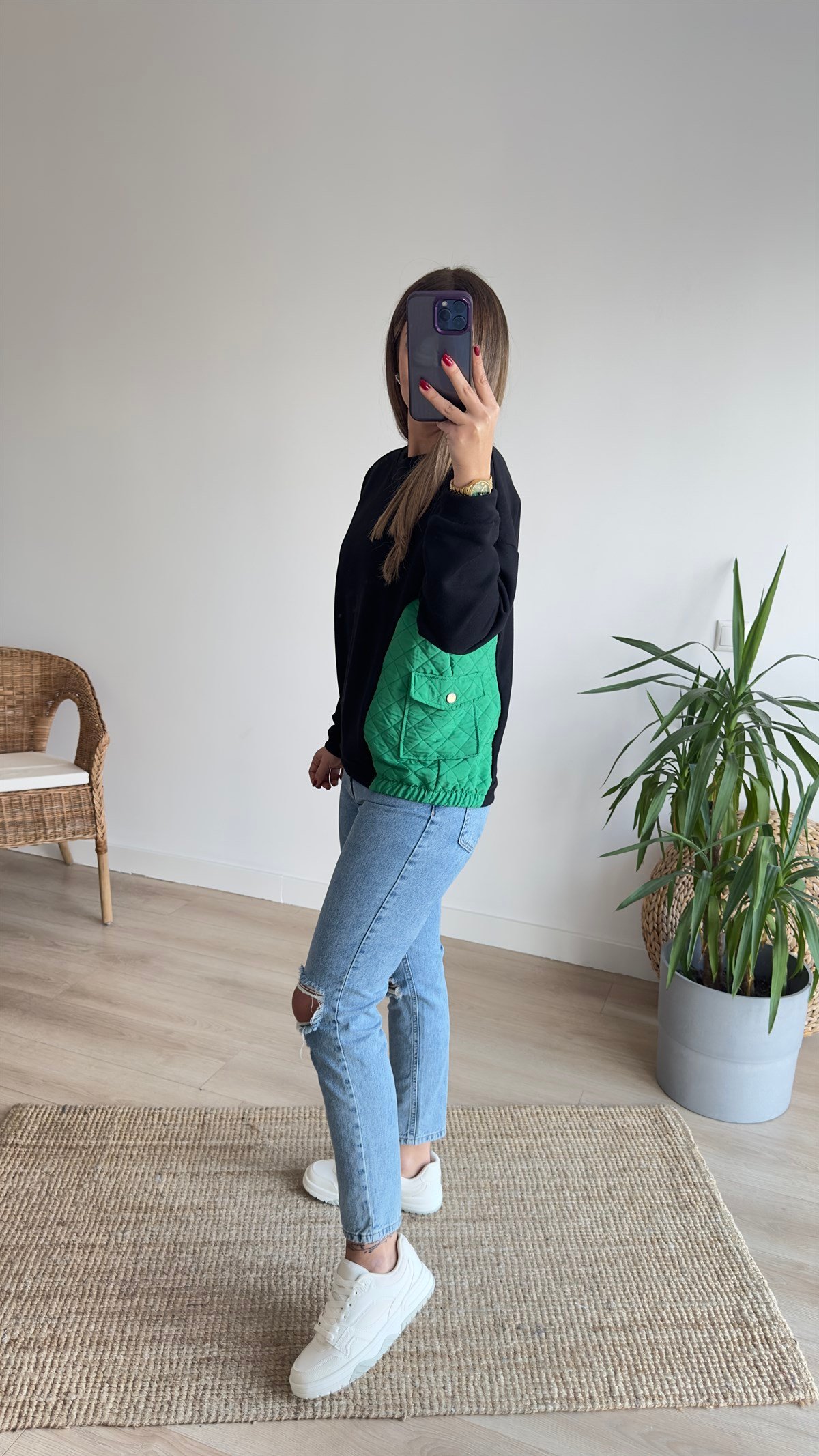 Pembe Yeşil Kapitoneli Sweat