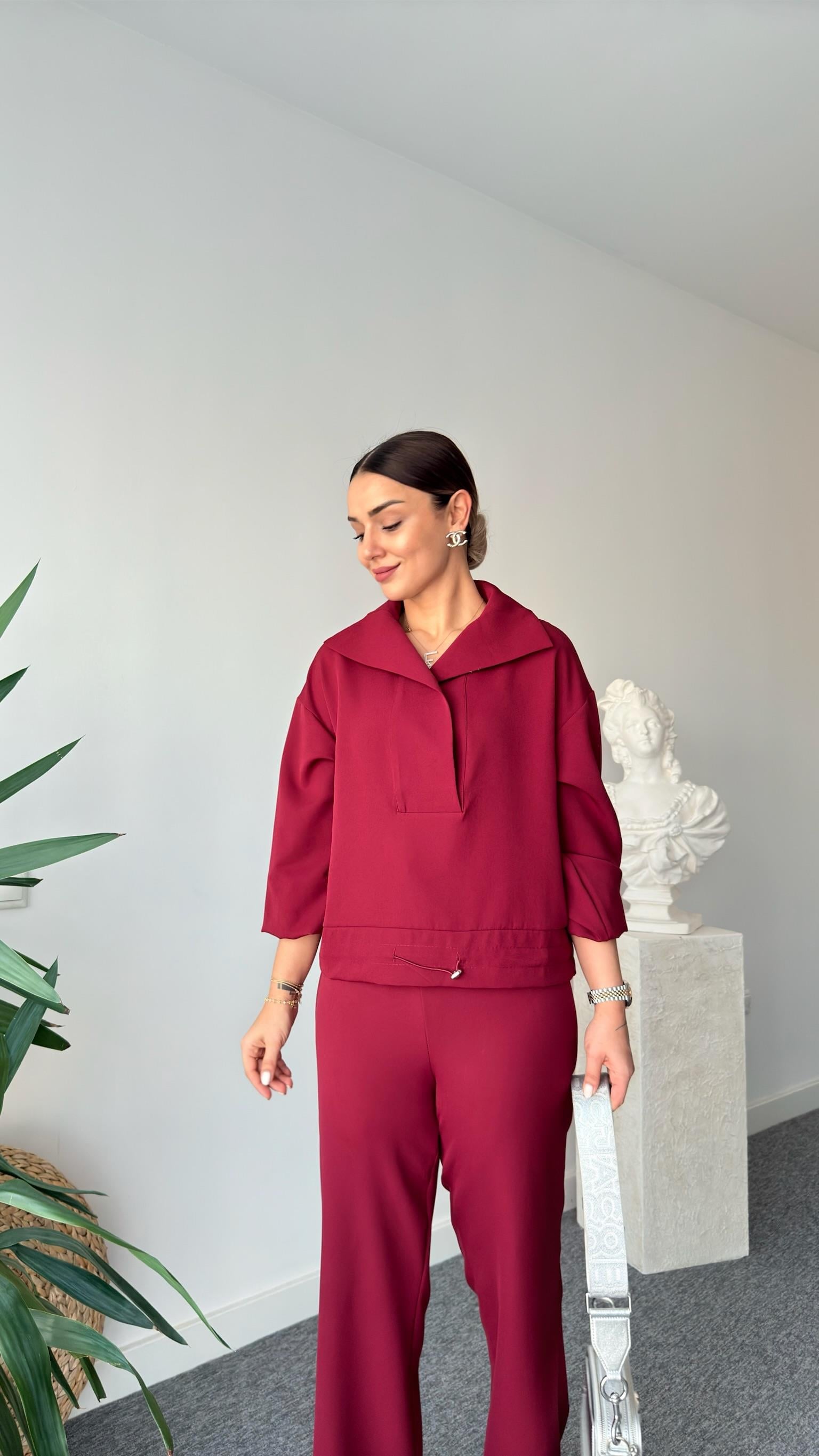 Bordo Beli Stoperli Double Takım