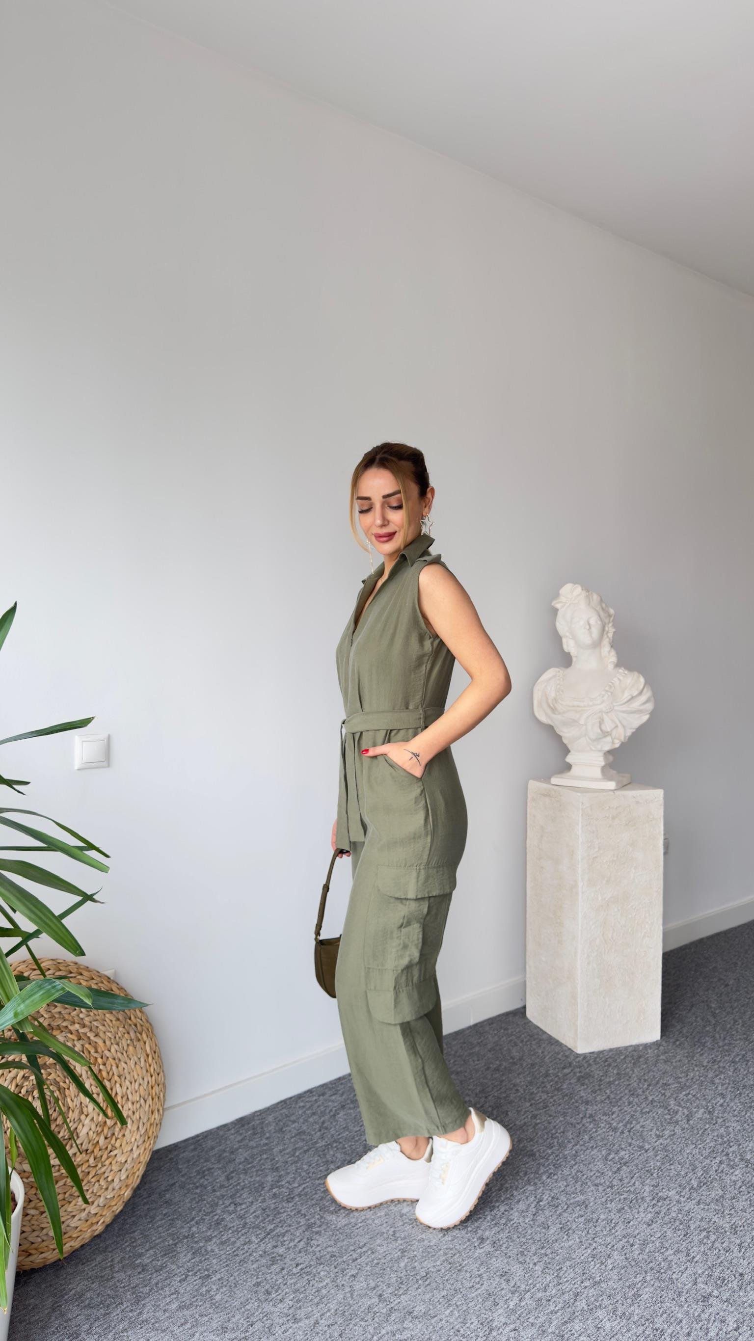 Kargo Cep Kuşaklı Haki Tulum