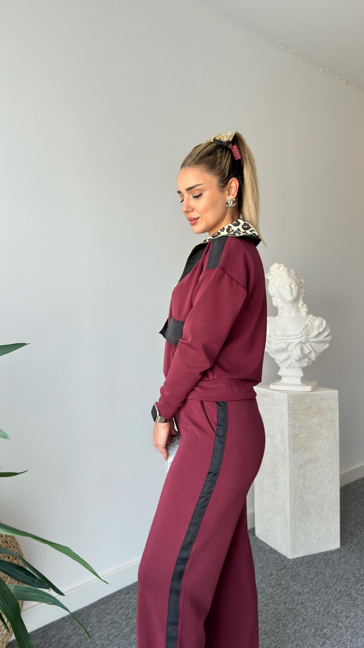 Bordo Premium Leopar Detaylı Modal Takım