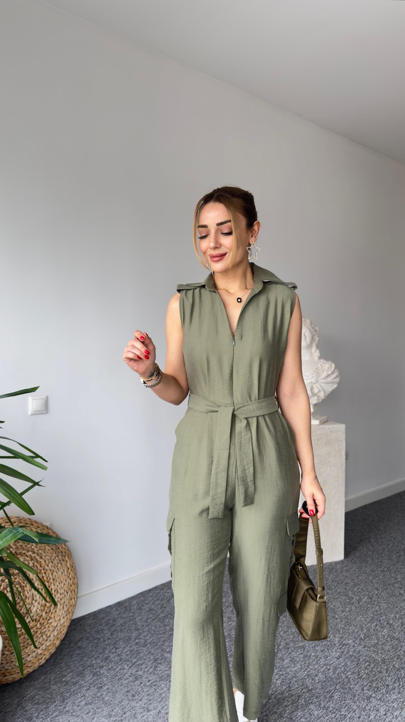 Kargo Cep Kuşaklı Haki Tulum