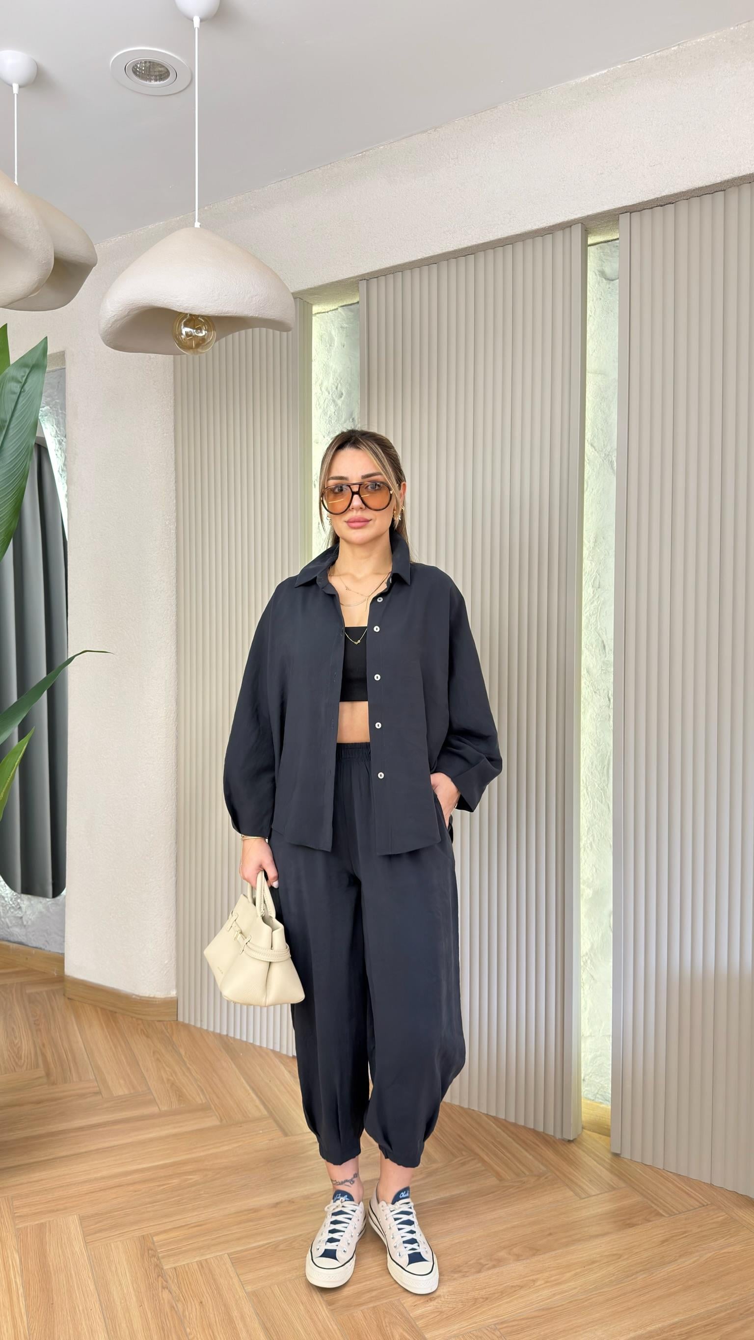 Siyah Odella Tensel Gömlek Pantolon Takım