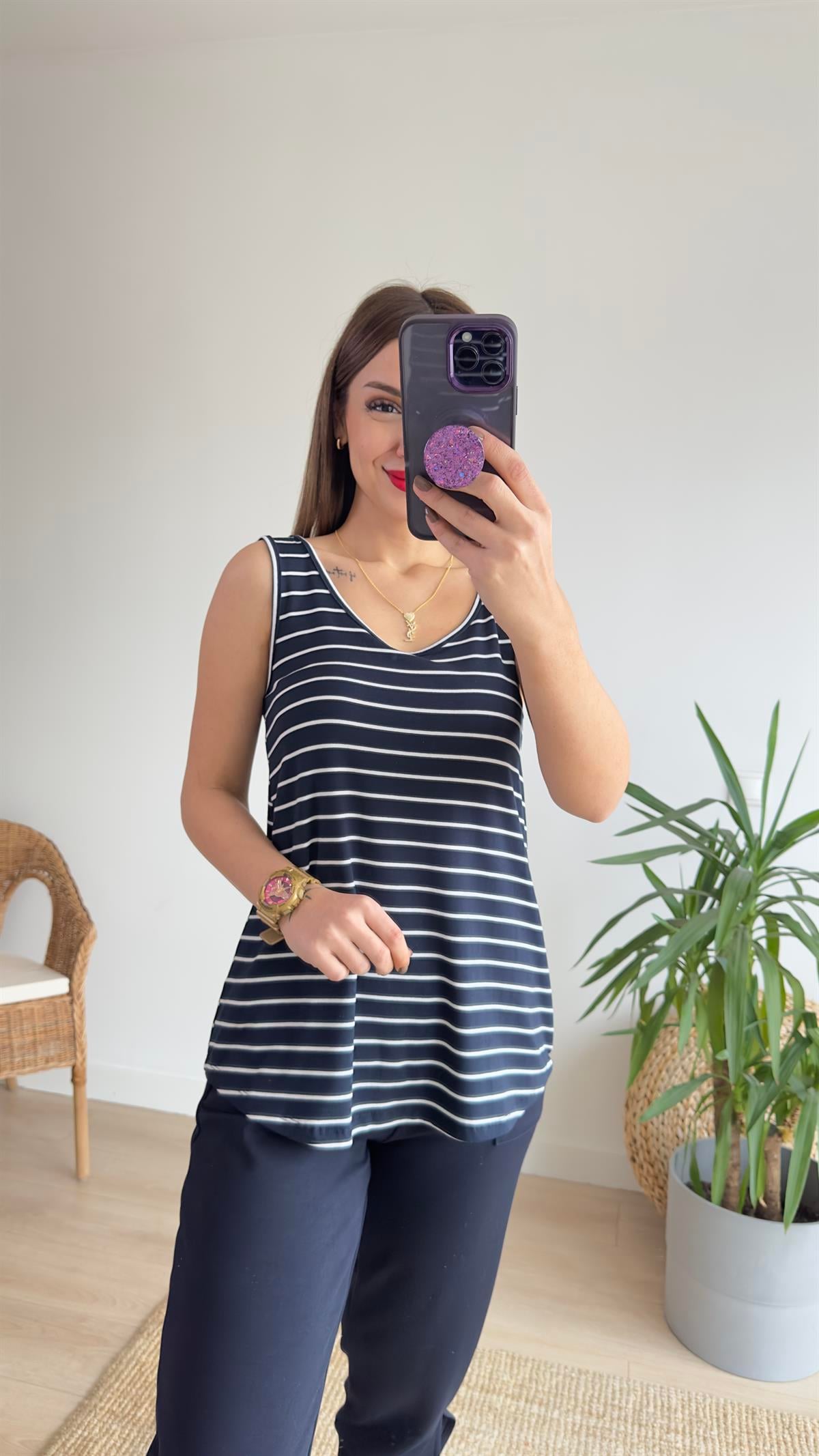 Havuz Yaka Çizgili Viskon Bluz