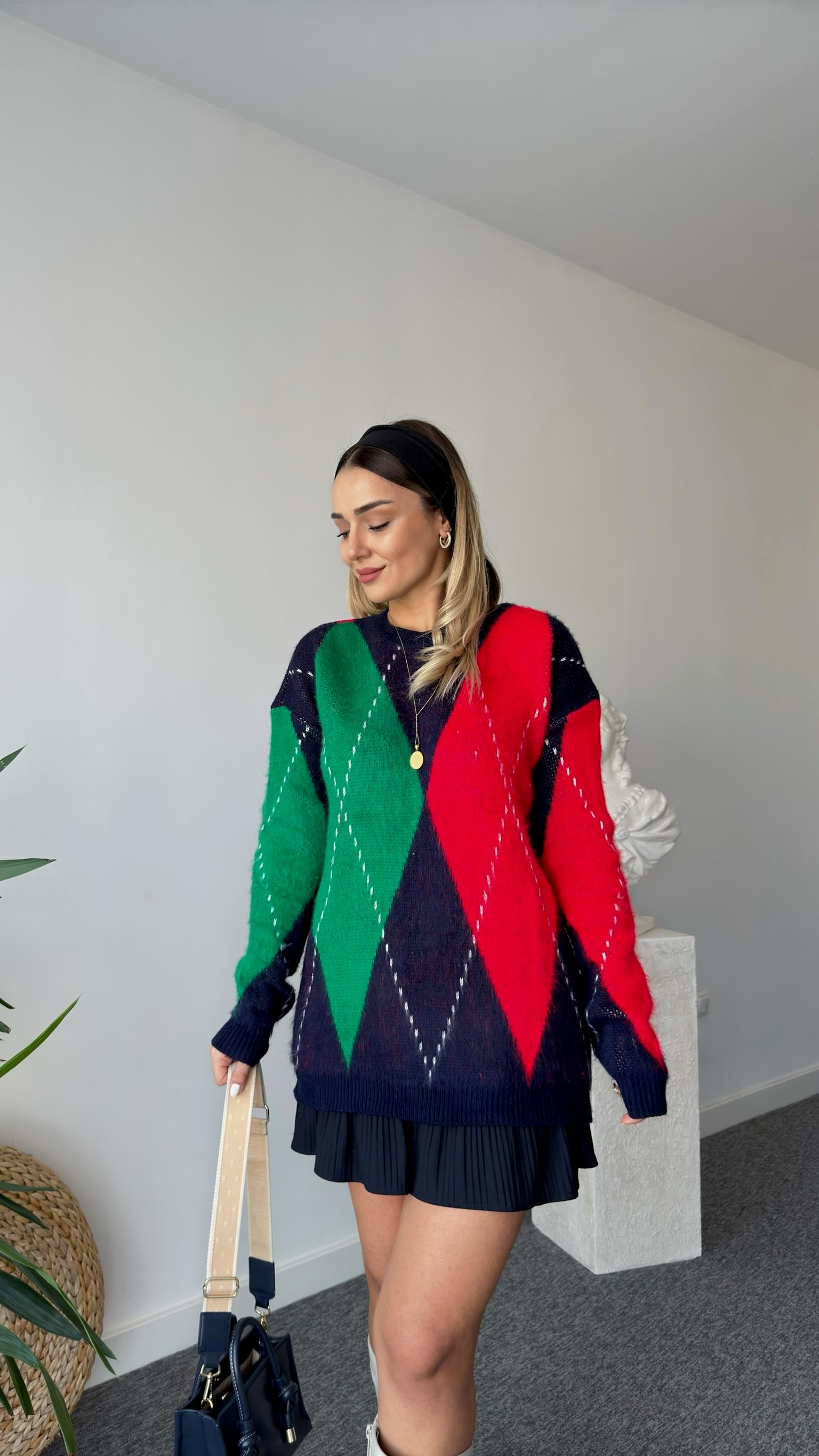 Kırmız Yeşil Baklava Desenli Kazak