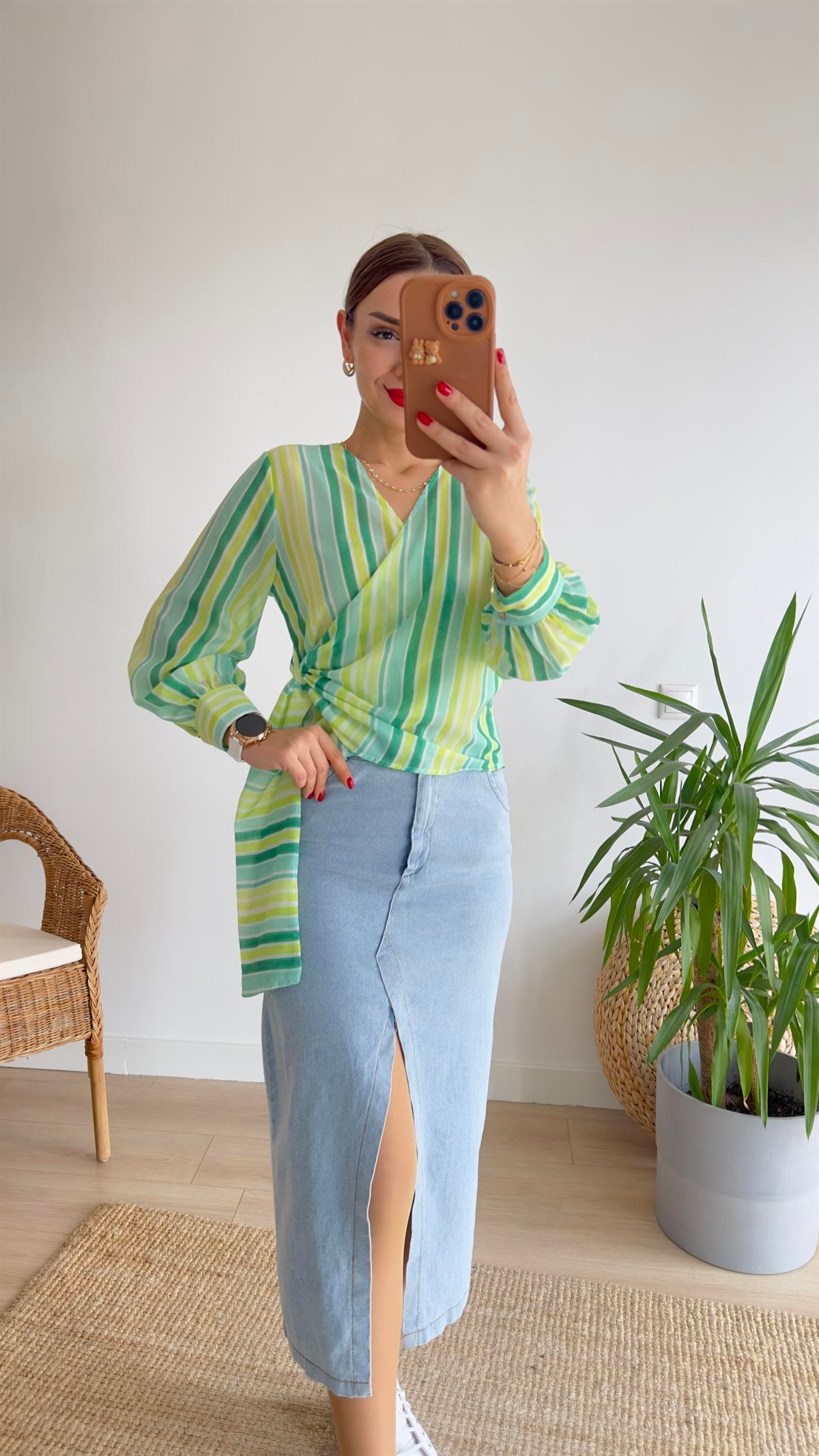 Yeşil Şeritli Kruvaze Bluz