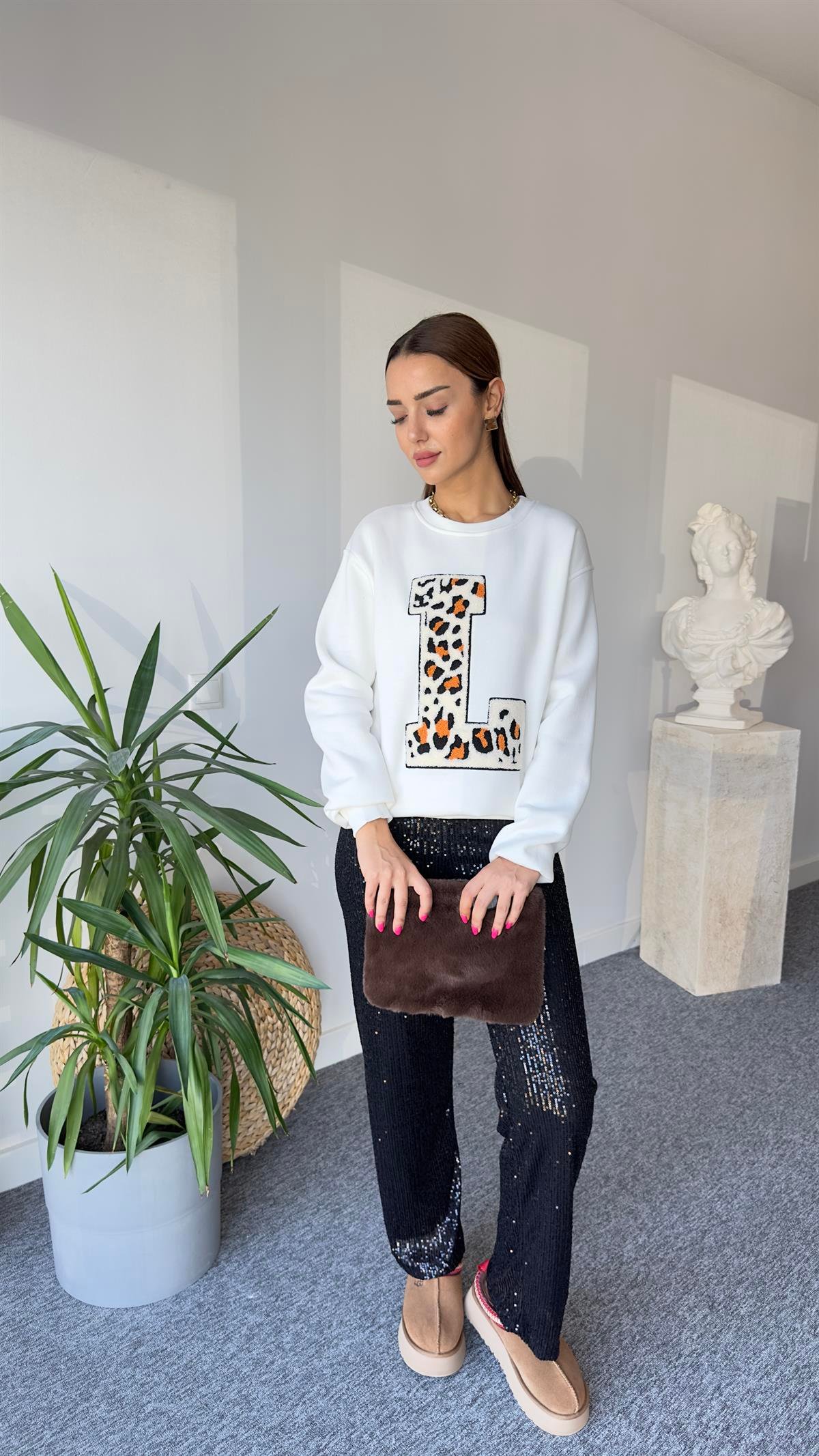 L Baskı Leopar Detay Beyaz Zra Sweat