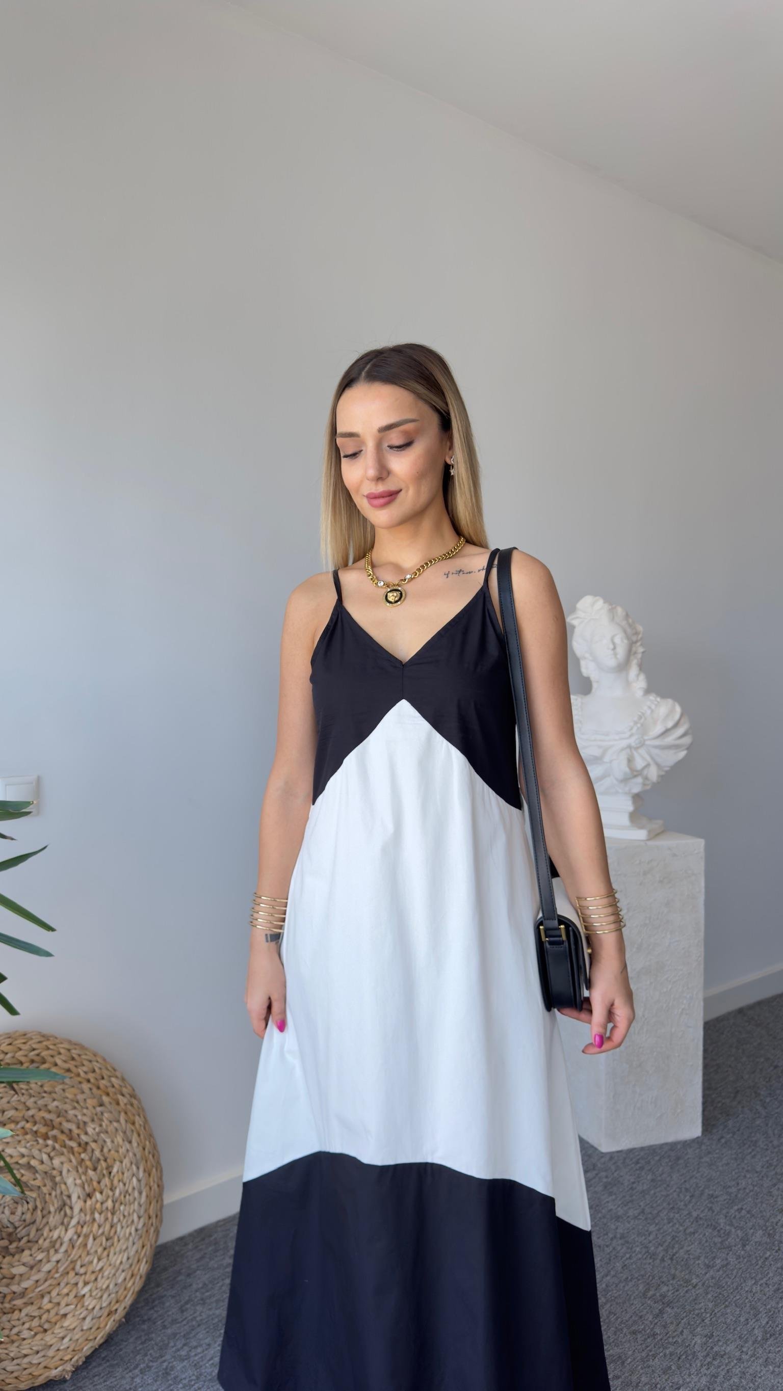 Siyah Beyaz Renk Geçişli Poplin Elbise