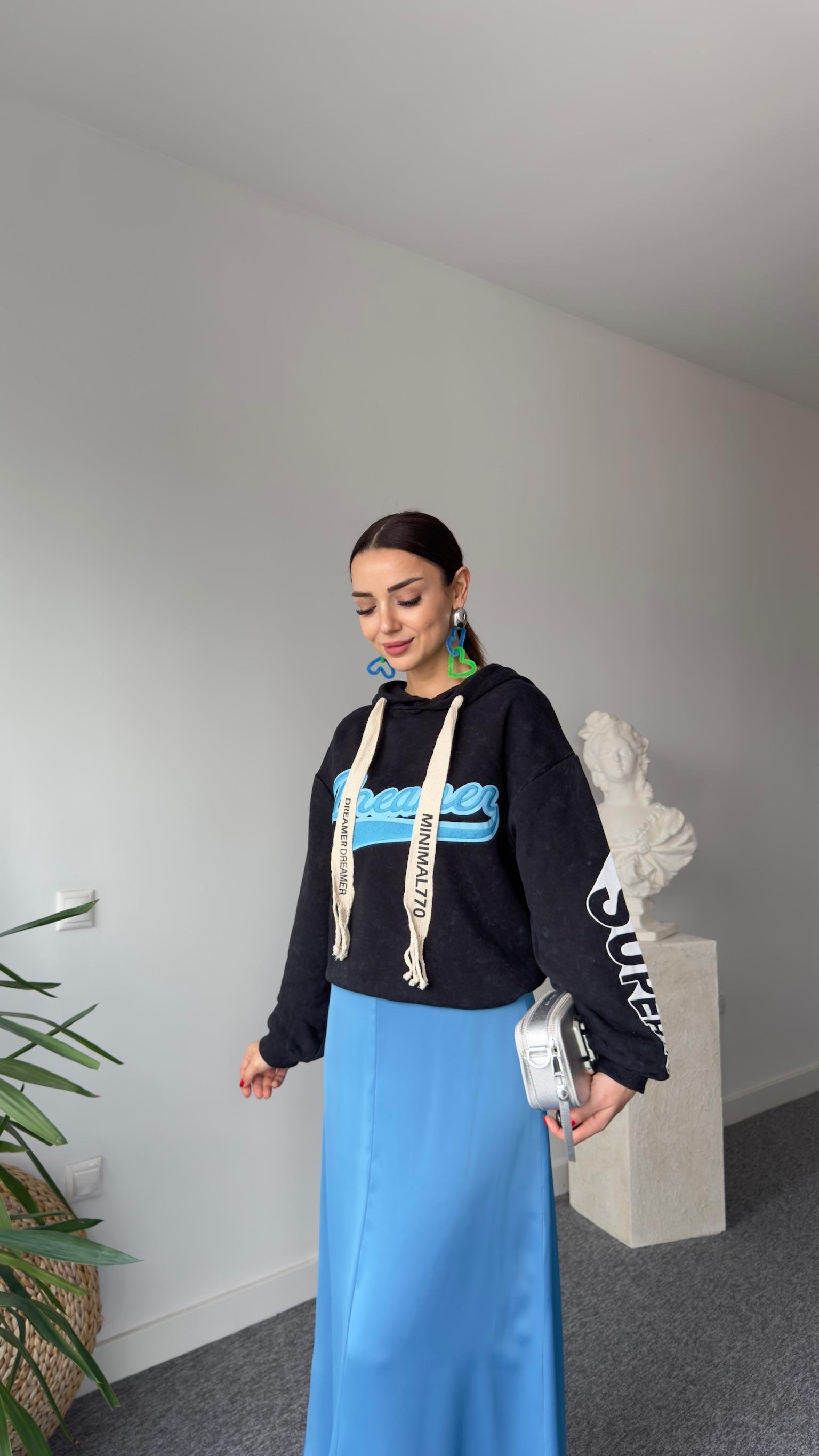 Mavi Nakış Yazılı Yıkamalı Sweatshirt