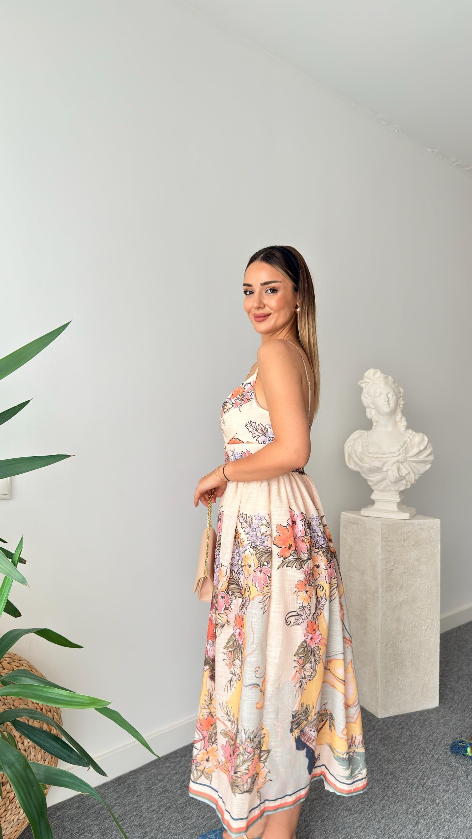 Elowen Marka Model Baskılı Keten Elbise 