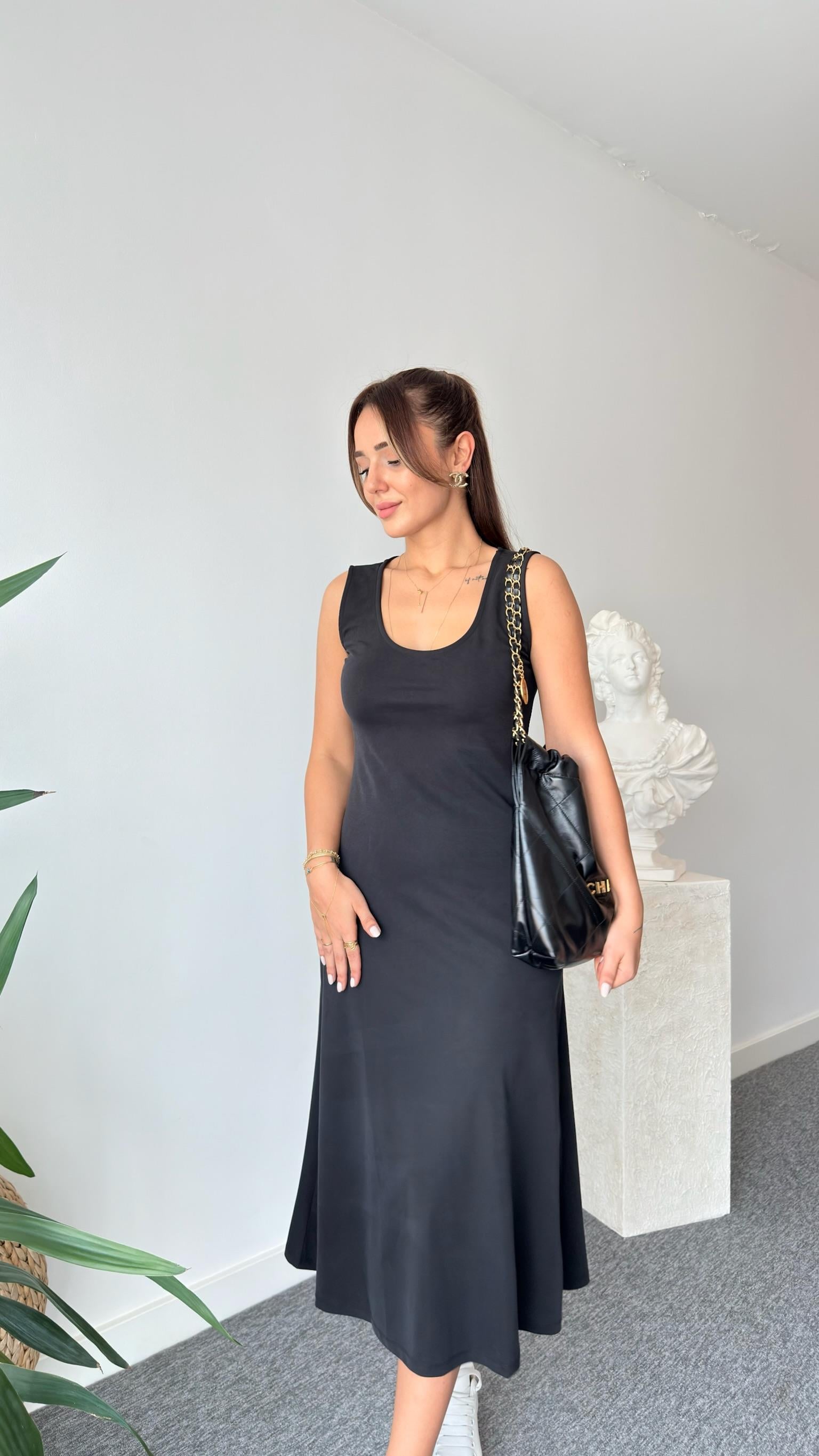 Siyah Mochi Basic Modal Elbise 