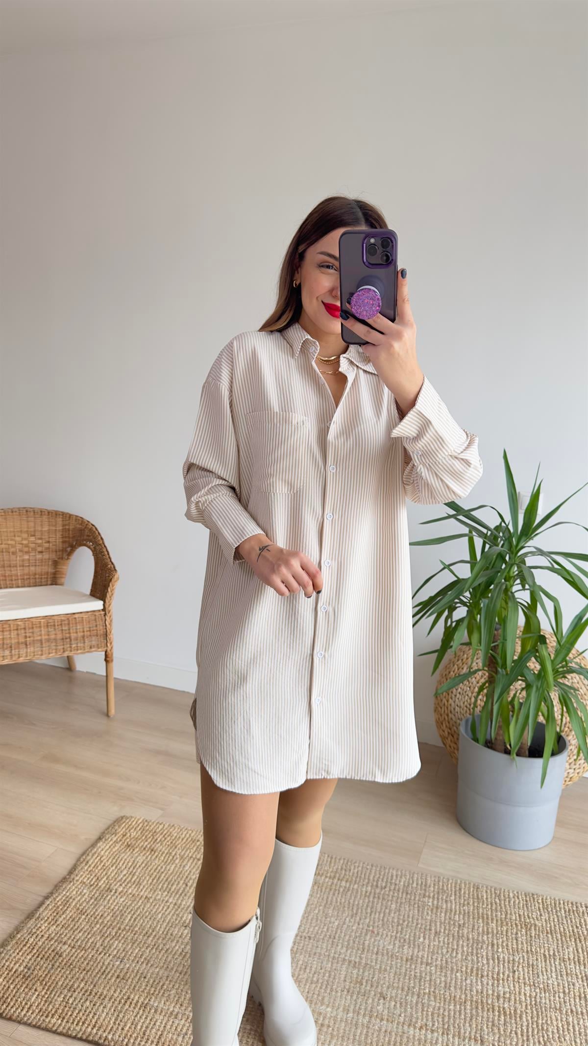 Bej Çizgili Gömlek Elbise 