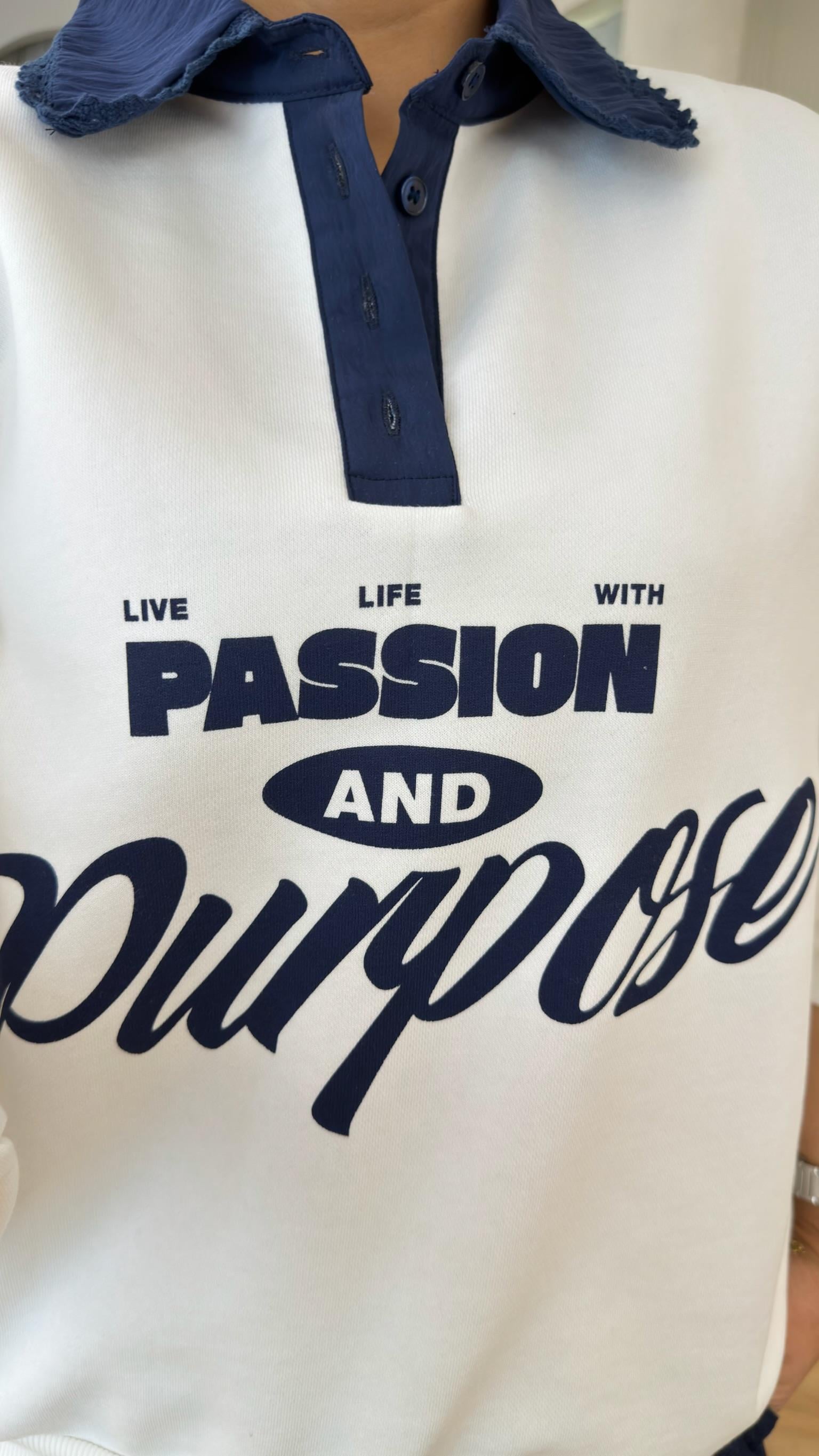 Lacivert Yazı Detaylı Polo Yaka Sweatshirt