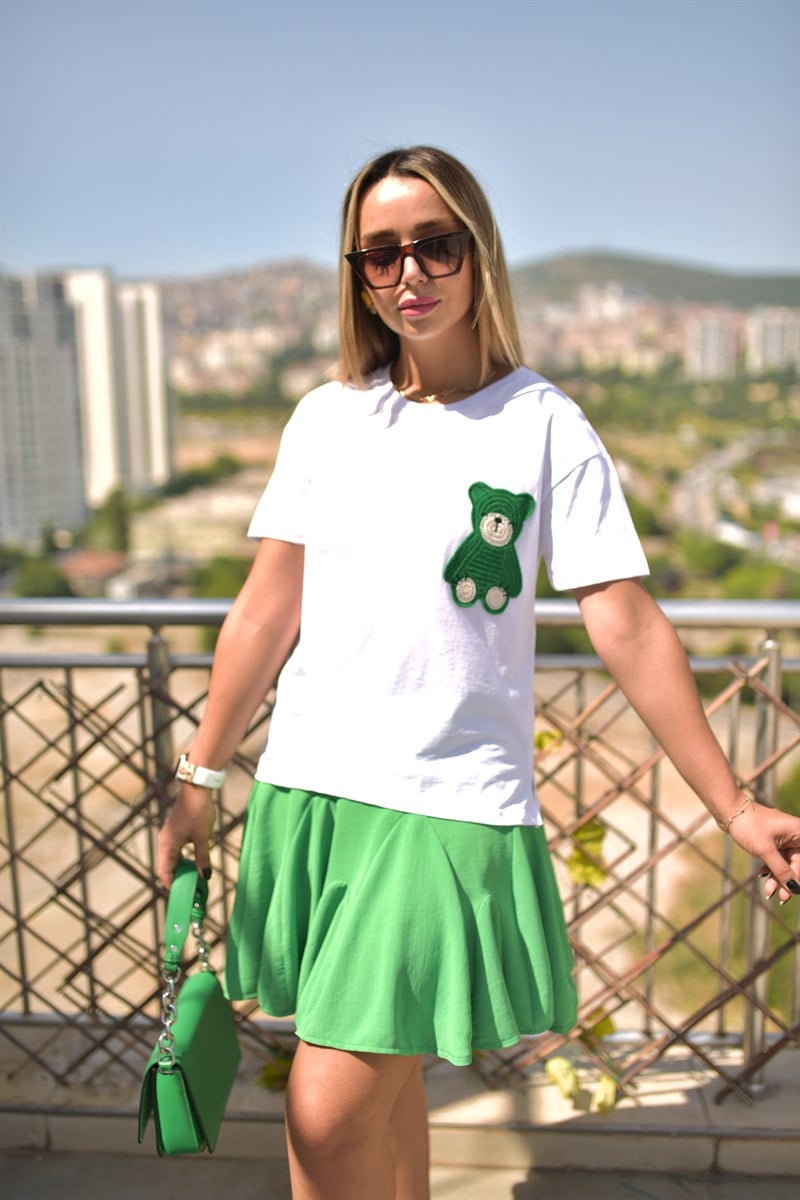 Ayıcık Nakış Detaylı Beyaz Tshirt